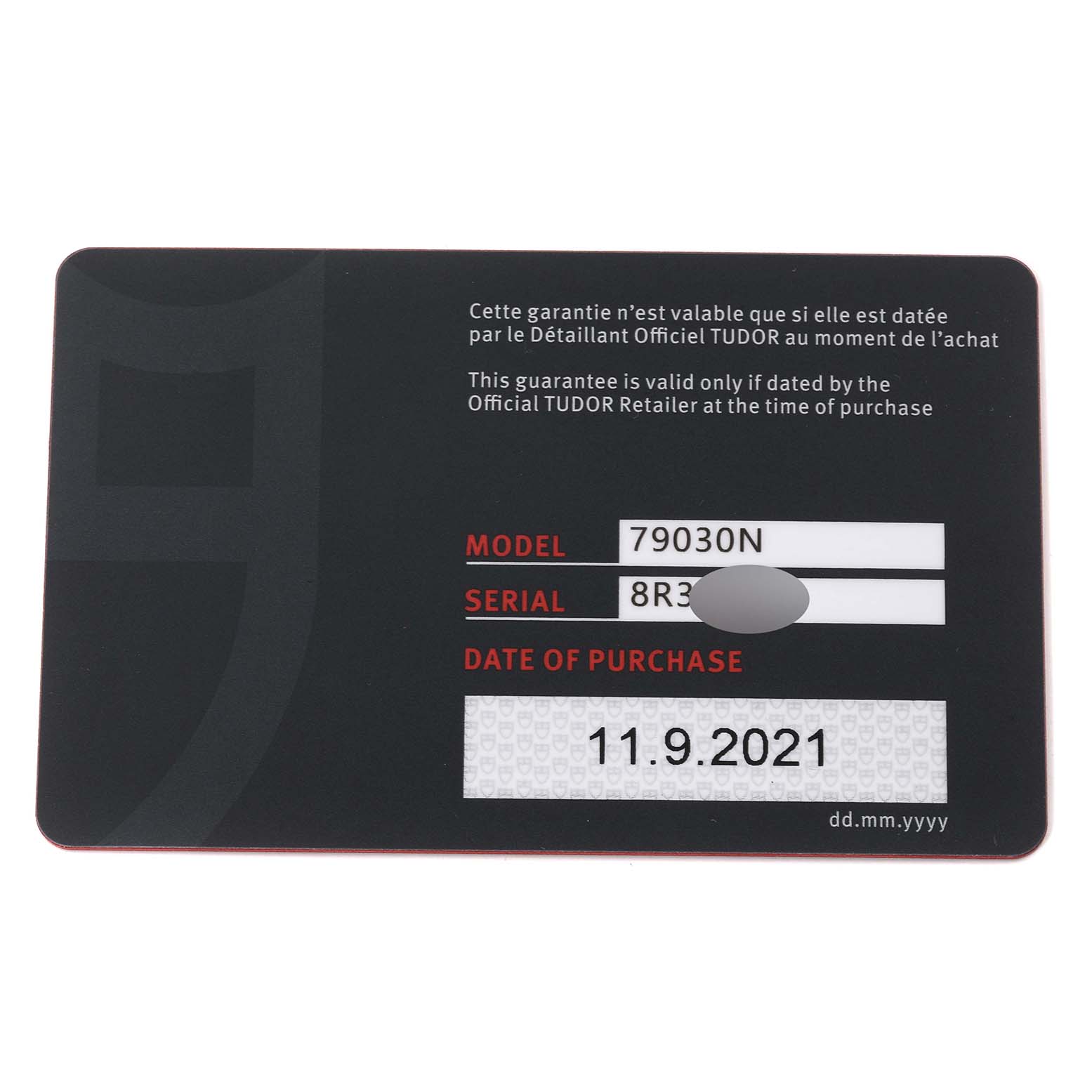 This image shows a warranty card for the Tudor Heritage Black Bay M79030N-0001 Men's Stainless Steel Black Dial M79030N-0001 Men's Stainless Steel Black Dial model 79030N with a purchase date of 11.9.2021.