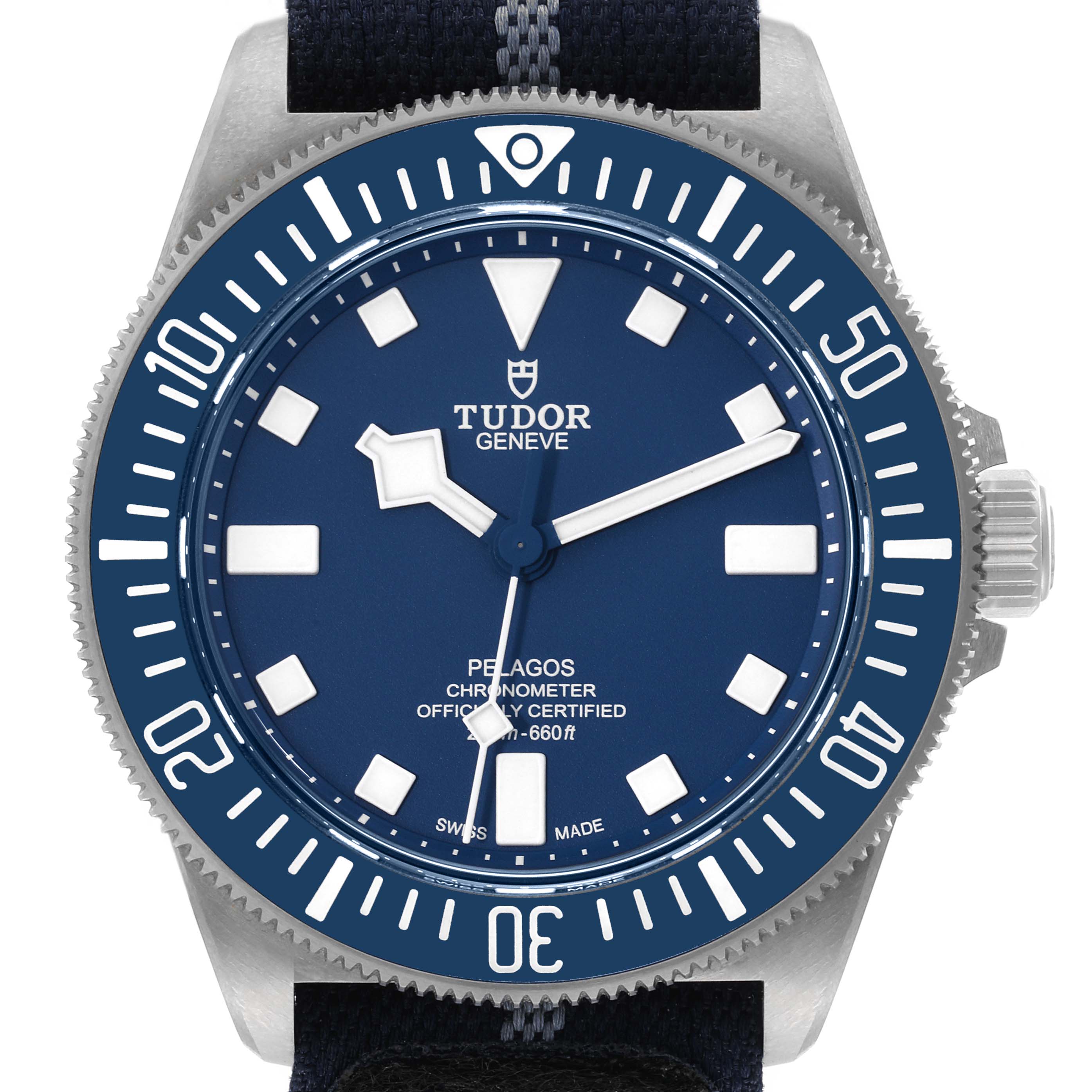 The image shows a front view of the Tudor Pelagos 25707 Men's Titanium Blue Dial 25707 Men's Titanium Blue Dial watch, displaying its blue face, bezel, and crown.