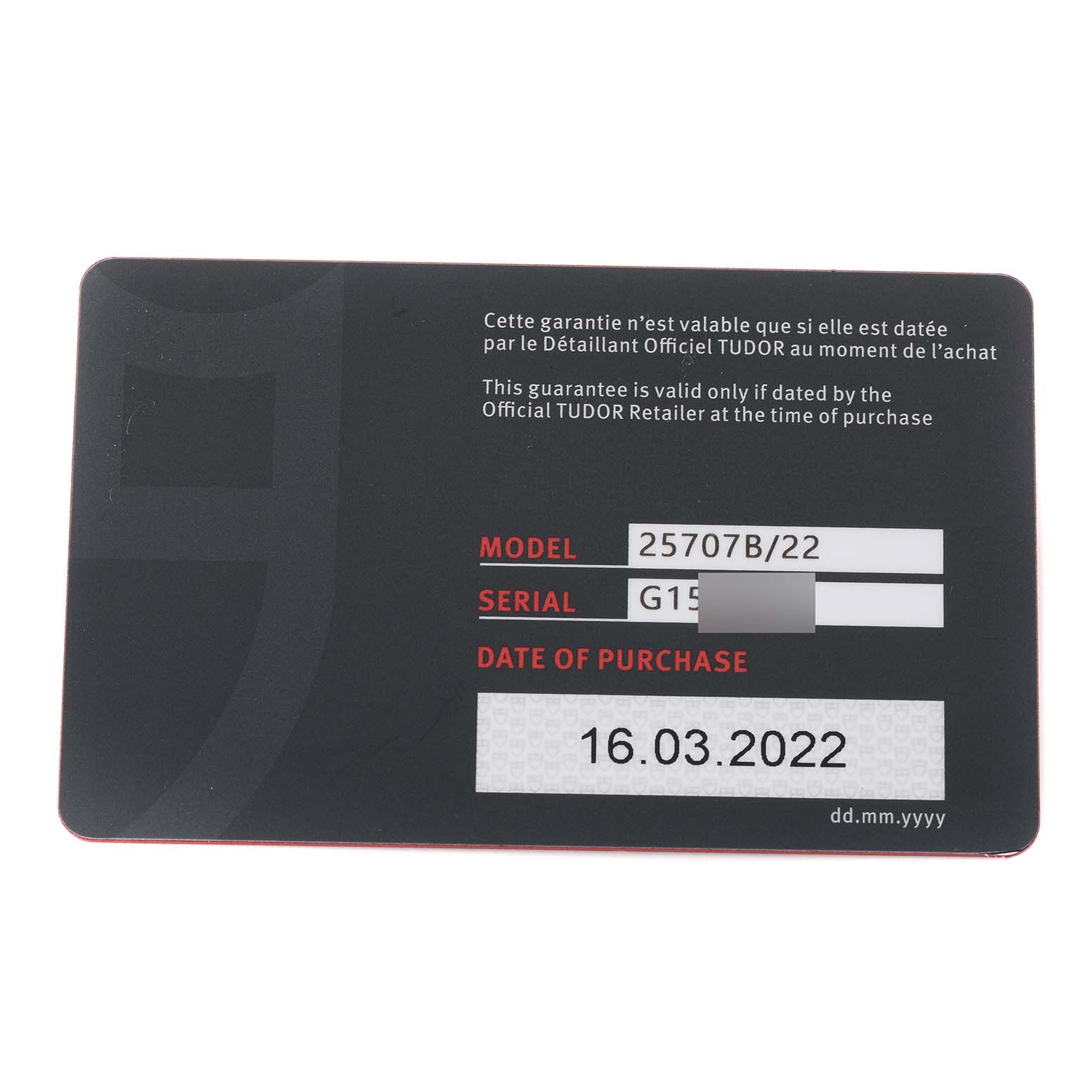 This image shows the guarantee card for the Tudor Pelagos 25707 Men's Titanium Blue Dial 25707 Men's Titanium Blue Dial model watch, displaying model, serial number, and purchase date.