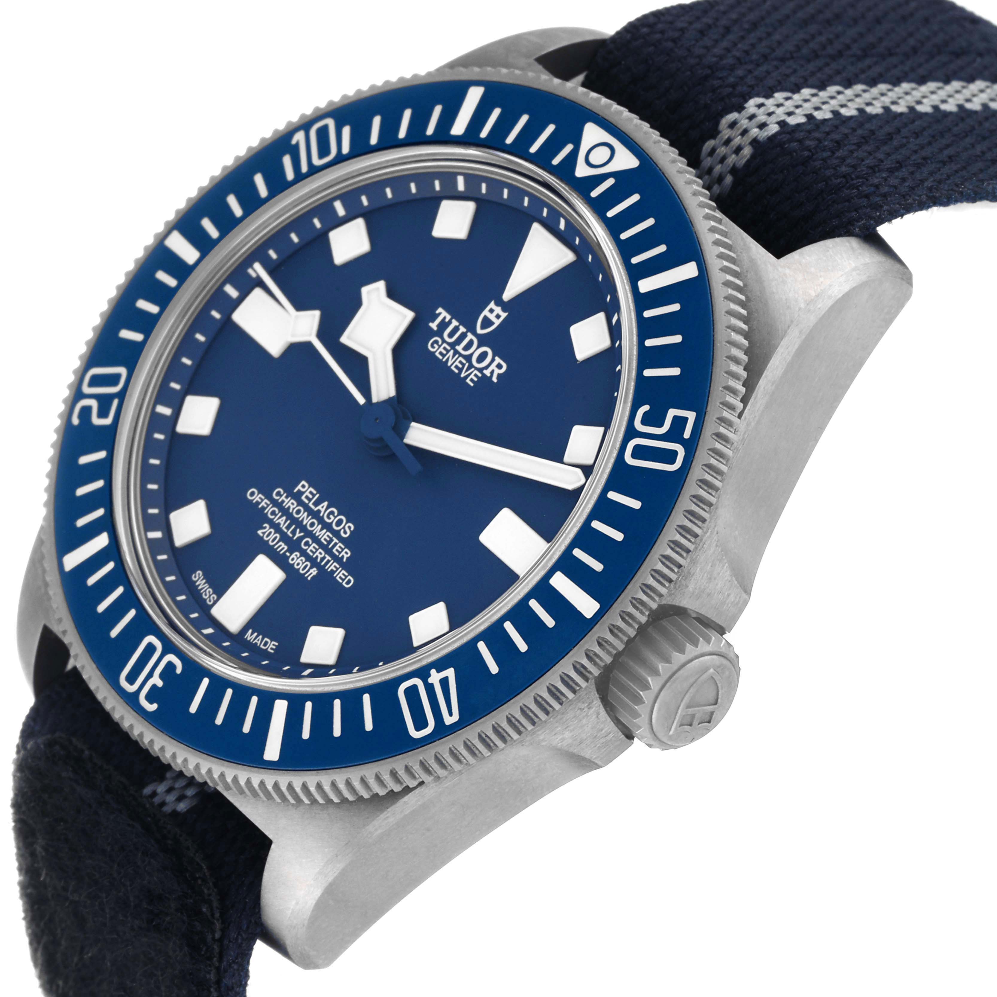 This image shows a side and partial front angle of the Tudor Pelagos 25707 Men's Titanium Blue Dial 25707 Men's Titanium Blue Dial watch, highlighting the bezel, dial, and strap.