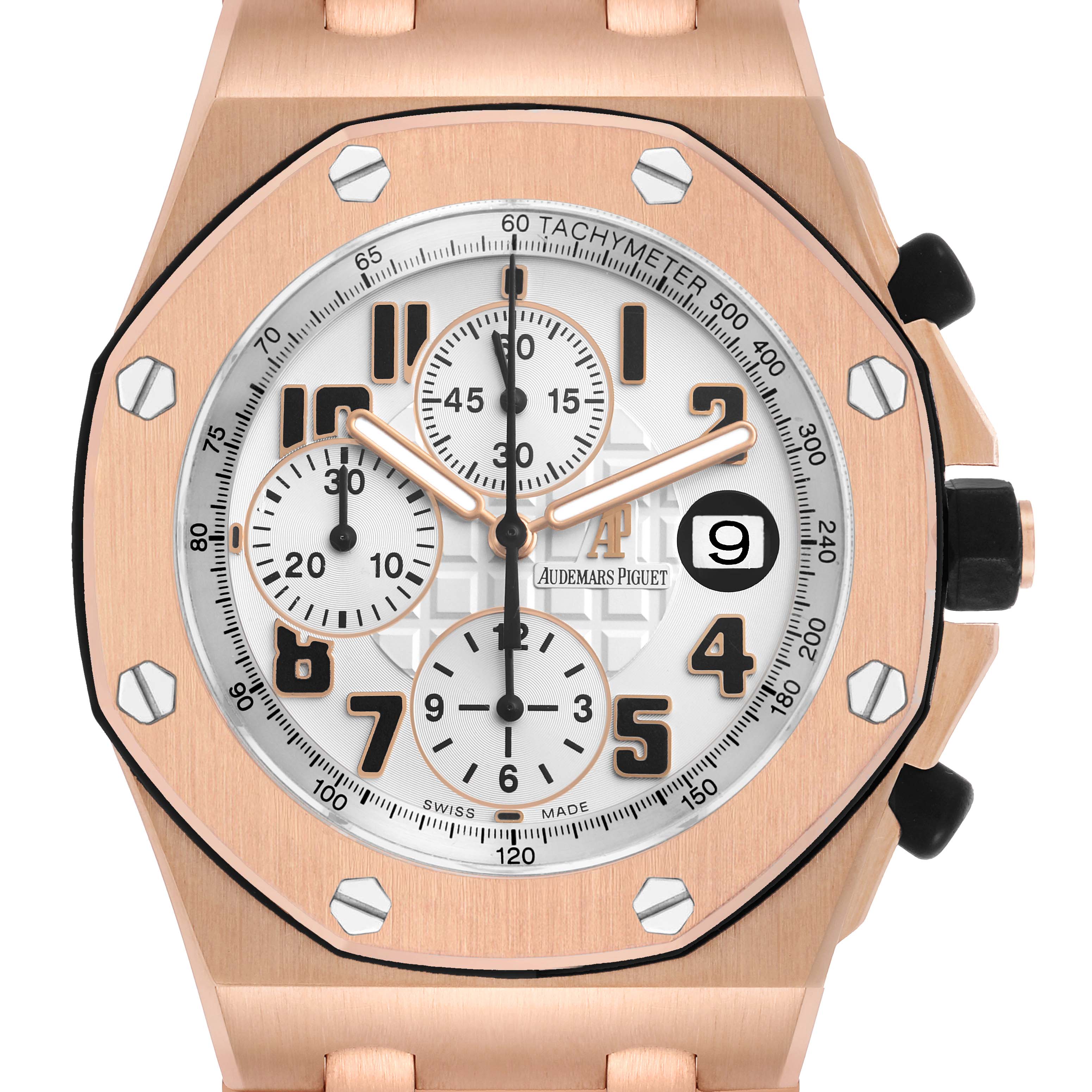 The watch is shown from a front angle, highlighting the Audemars Piguet Royal Oak Offshore 26170OR.OO.1000OR.01 Men's Rose Gold Silver Dial dial, bezel, and crown.