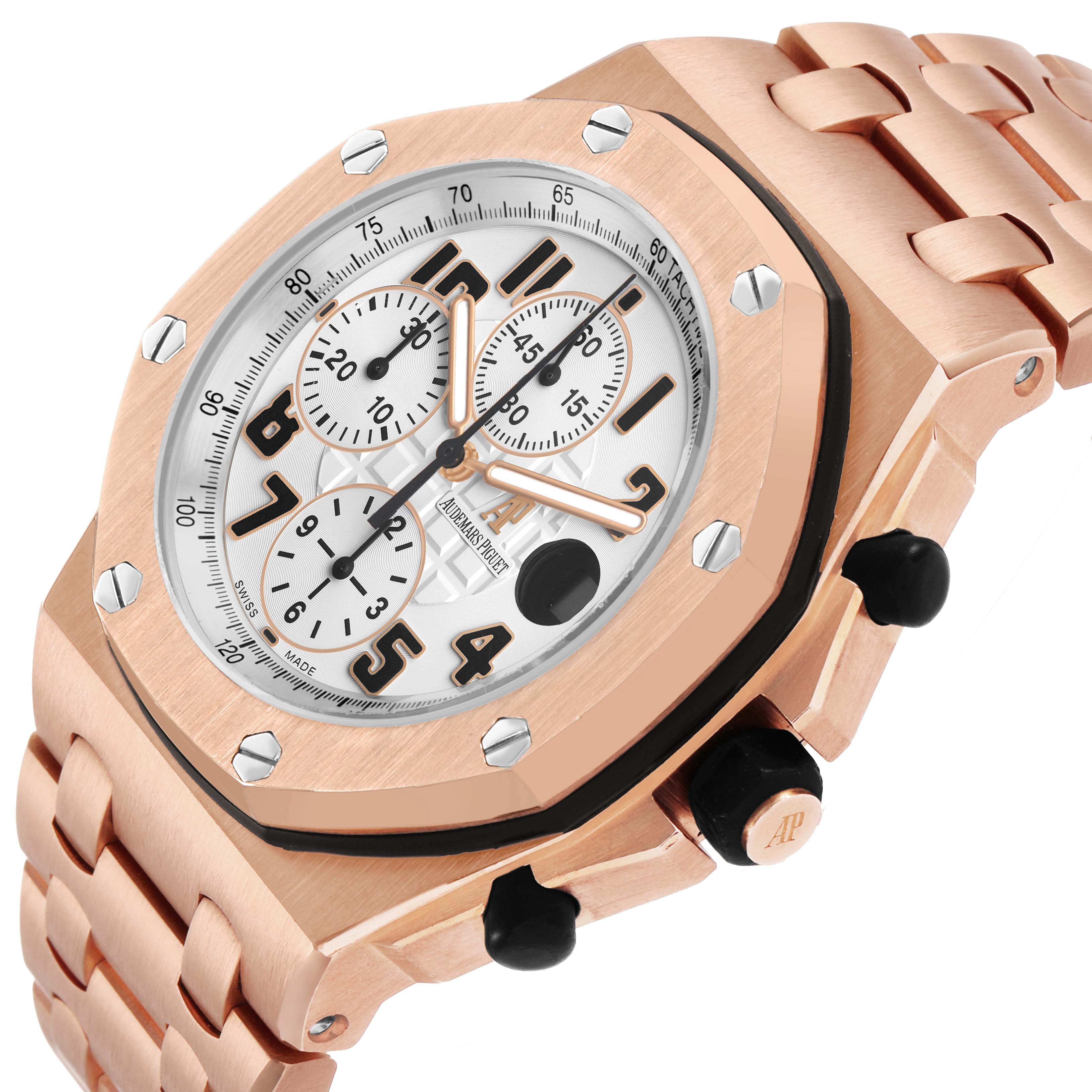 The image shows the Audemars Piguet Royal Oak Offshore 26170OR.OO.1000OR.01 Men's Rose Gold Silver Dial model from an angled side view, displaying the bezel, dial, and bracelet.