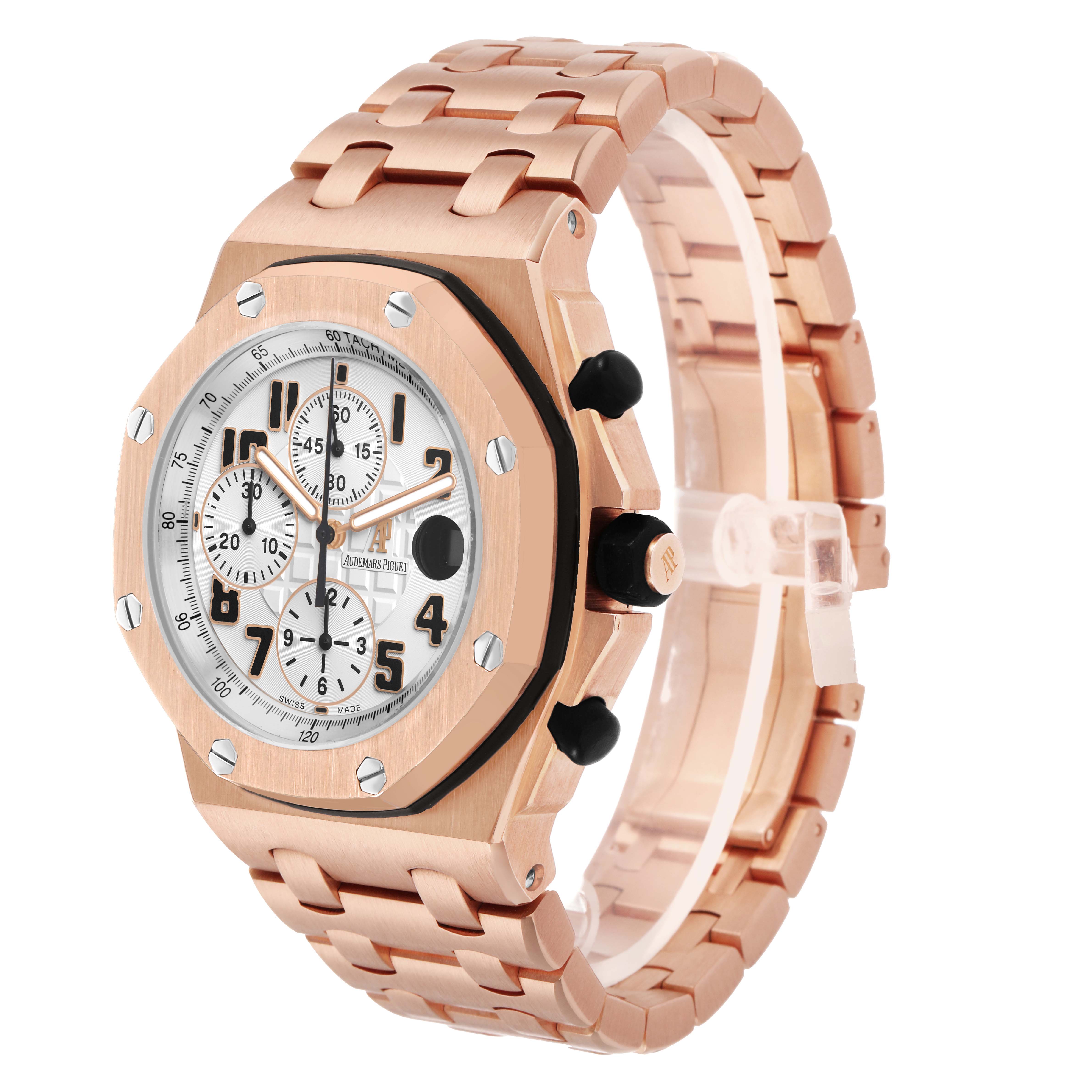 The image shows a side and front view of the Audemars Piguet Royal Oak Offshore 26170OR.OO.1000OR.01 Men's Rose Gold Silver Dial, highlighting the rose gold bezel, bracelet, and dial.