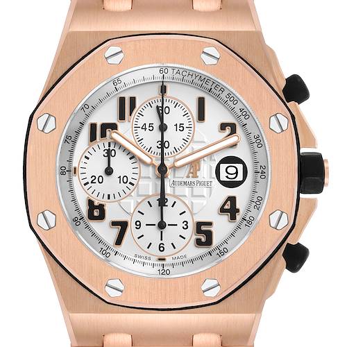 The image shows a frontal view of an Audemars Piguet Royal Oak Offshore 26170OR.OO.1000OR.01 Men's Rose Gold Silver Dial watch, highlighting the dial, bezel, and pushers.