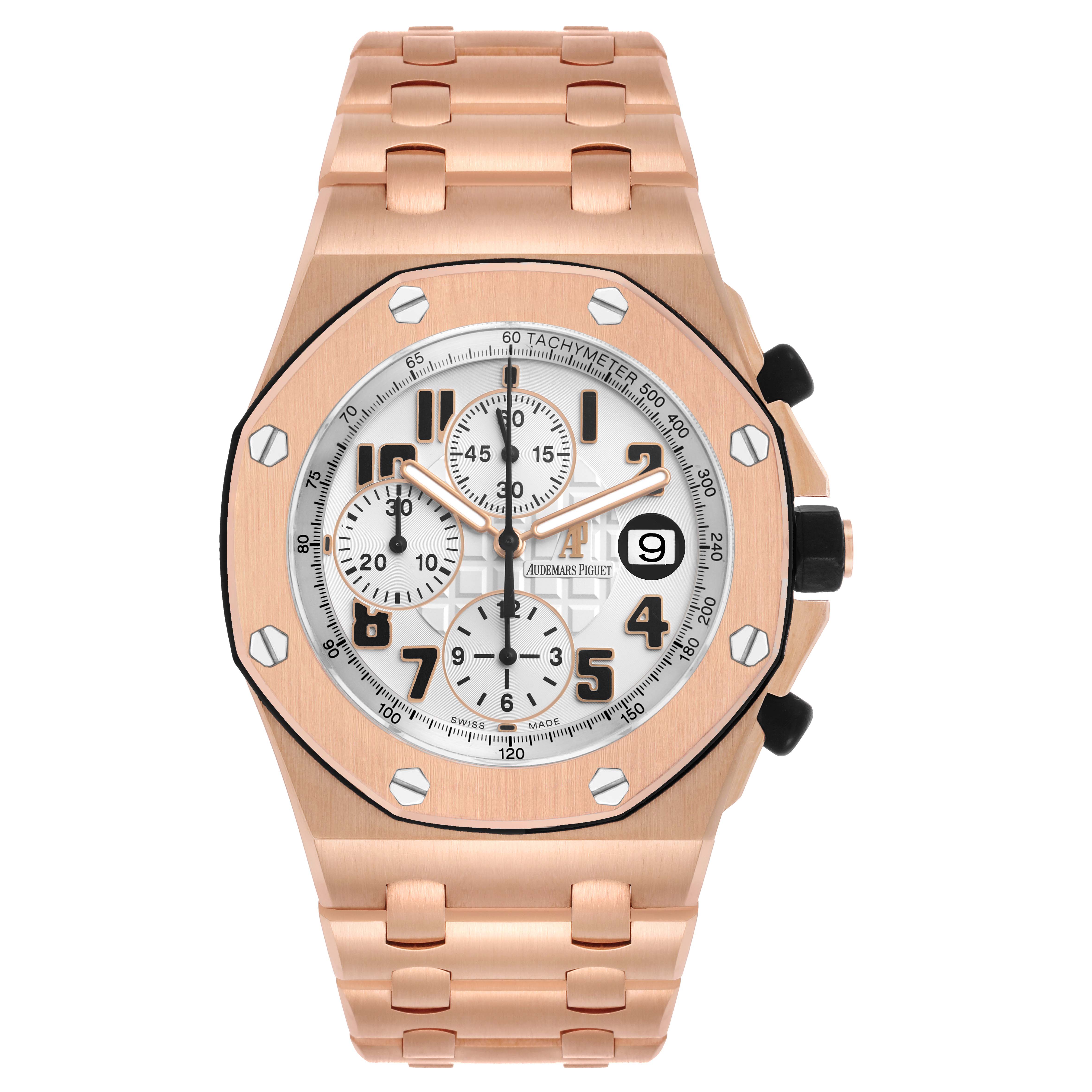 The Audemars Piguet Royal Oak Offshore 26170OR.OO.1000OR.01 Men's Rose Gold Silver Dial is shown from a top view, displaying the case, bezel, dial, subdials, and bracelet.