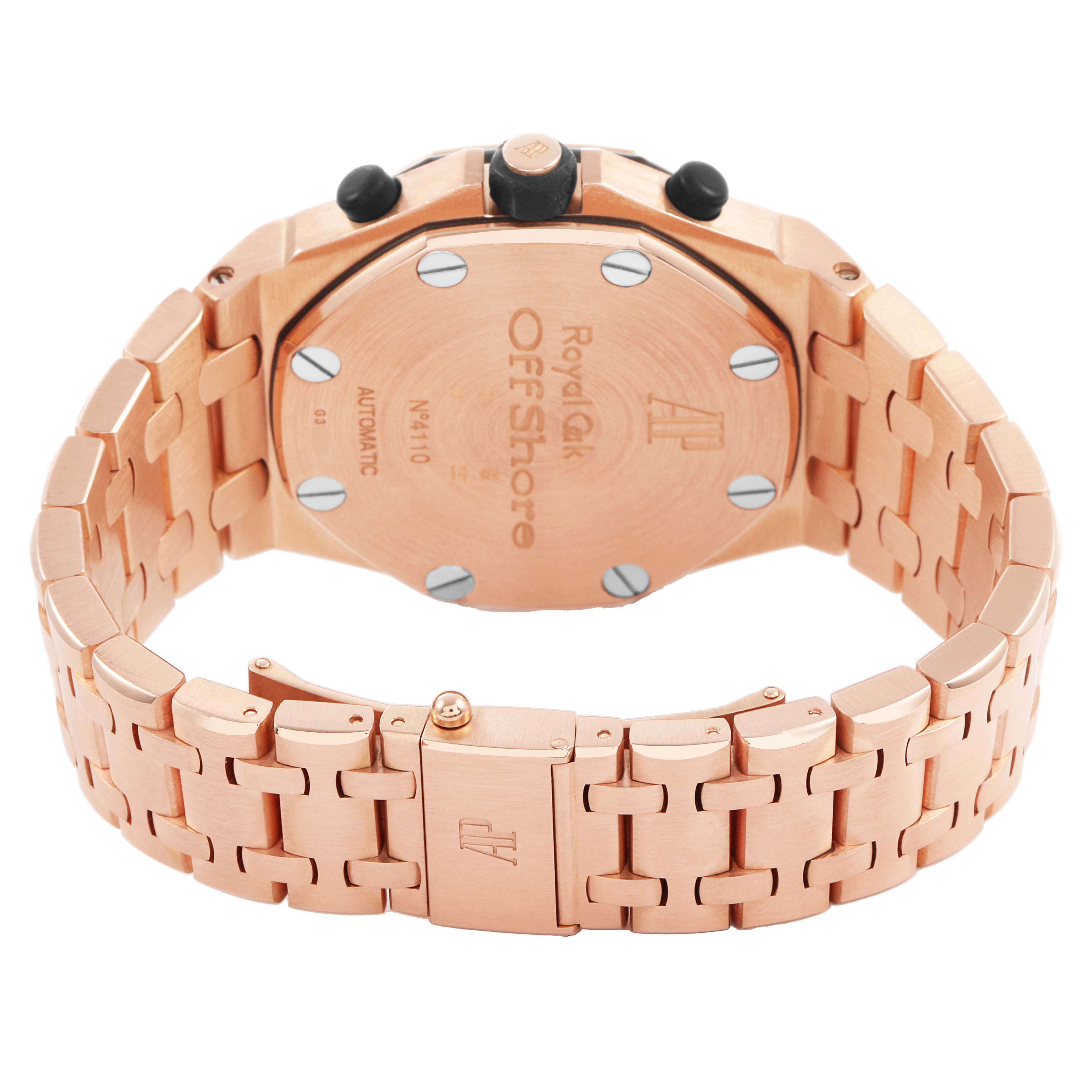 The image shows the back view of an Audemars Piguet Royal Oak Offshore 26170OR.OO.1000OR.01 Men's Rose Gold Silver Dial watch, highlighting the case back and bracelet.