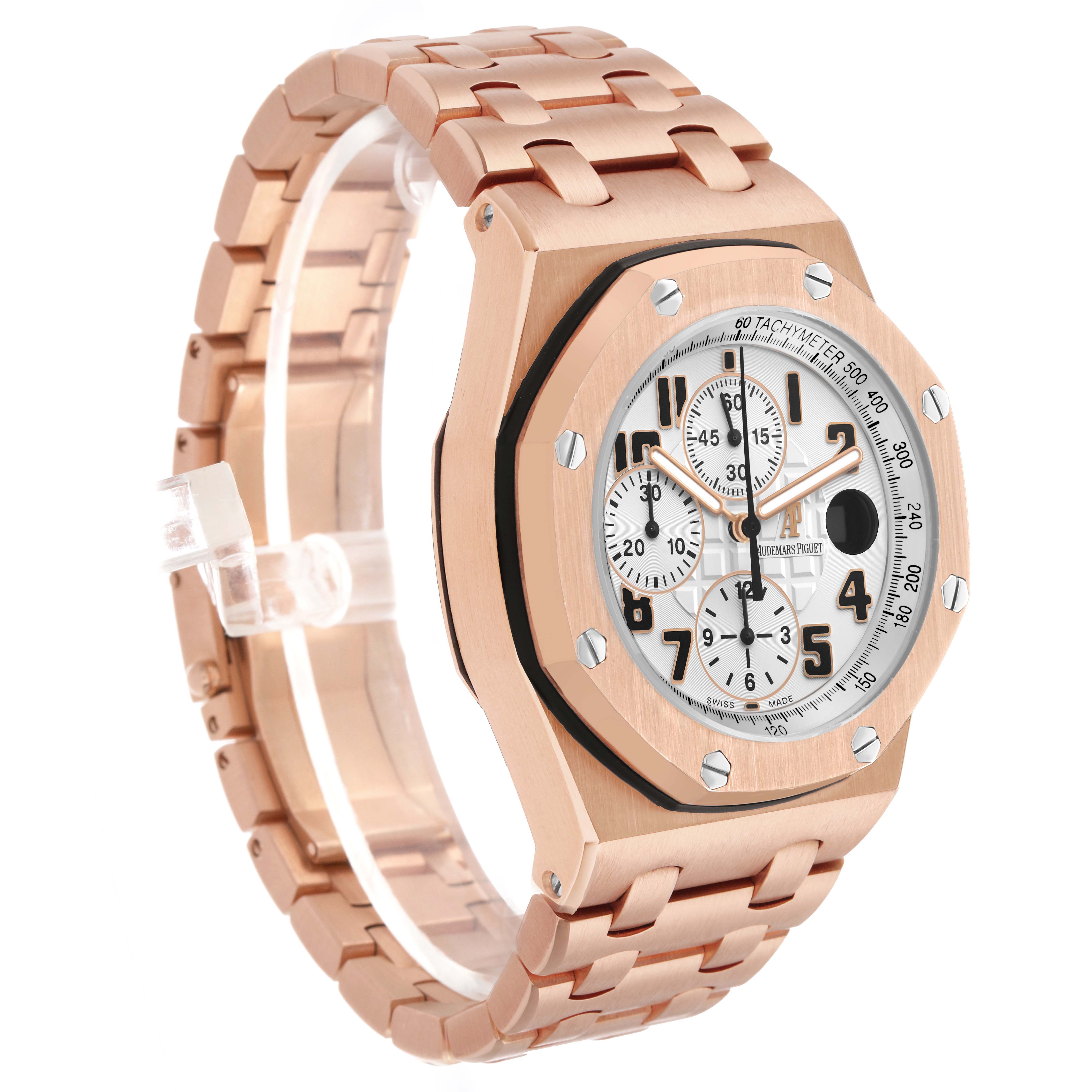 The Audemars Piguet Royal Oak Offshore 26170OR.OO.1000OR.01 Men's Rose Gold Silver Dial watch is shown at a slight angle, displaying its octagonal bezel, chronograph dials, and bracelet.
