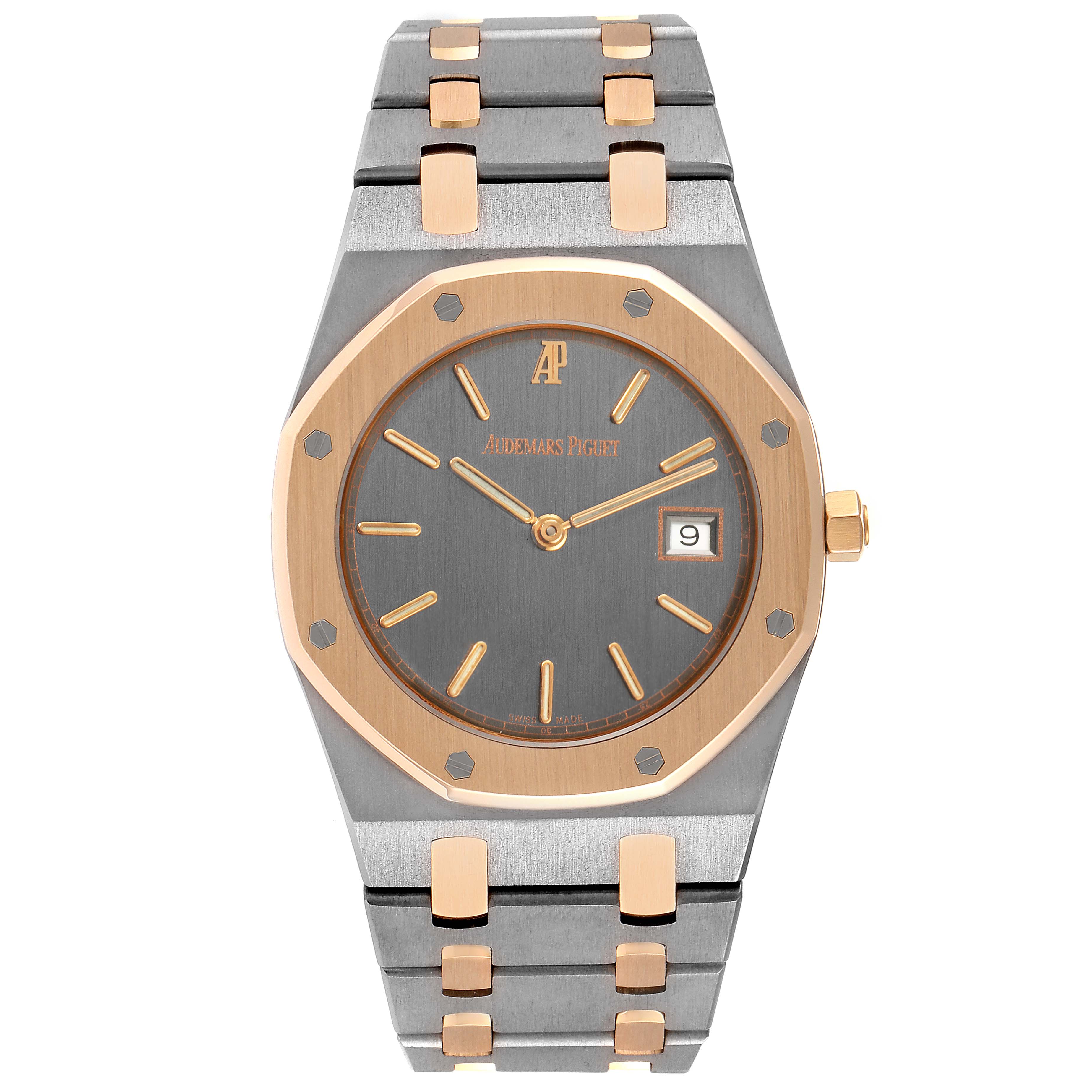 This image shows a front view of an Audemars Piguet Royal Oak 56175TR-OO-0789TR-01 Men's Steel and Gold (two tone) Black Dial 56175TR-OO-0789TR-01 Men's Steel and Gold (two tone) Black Dial watch, highlighting its dial, bracelet, and bezel.