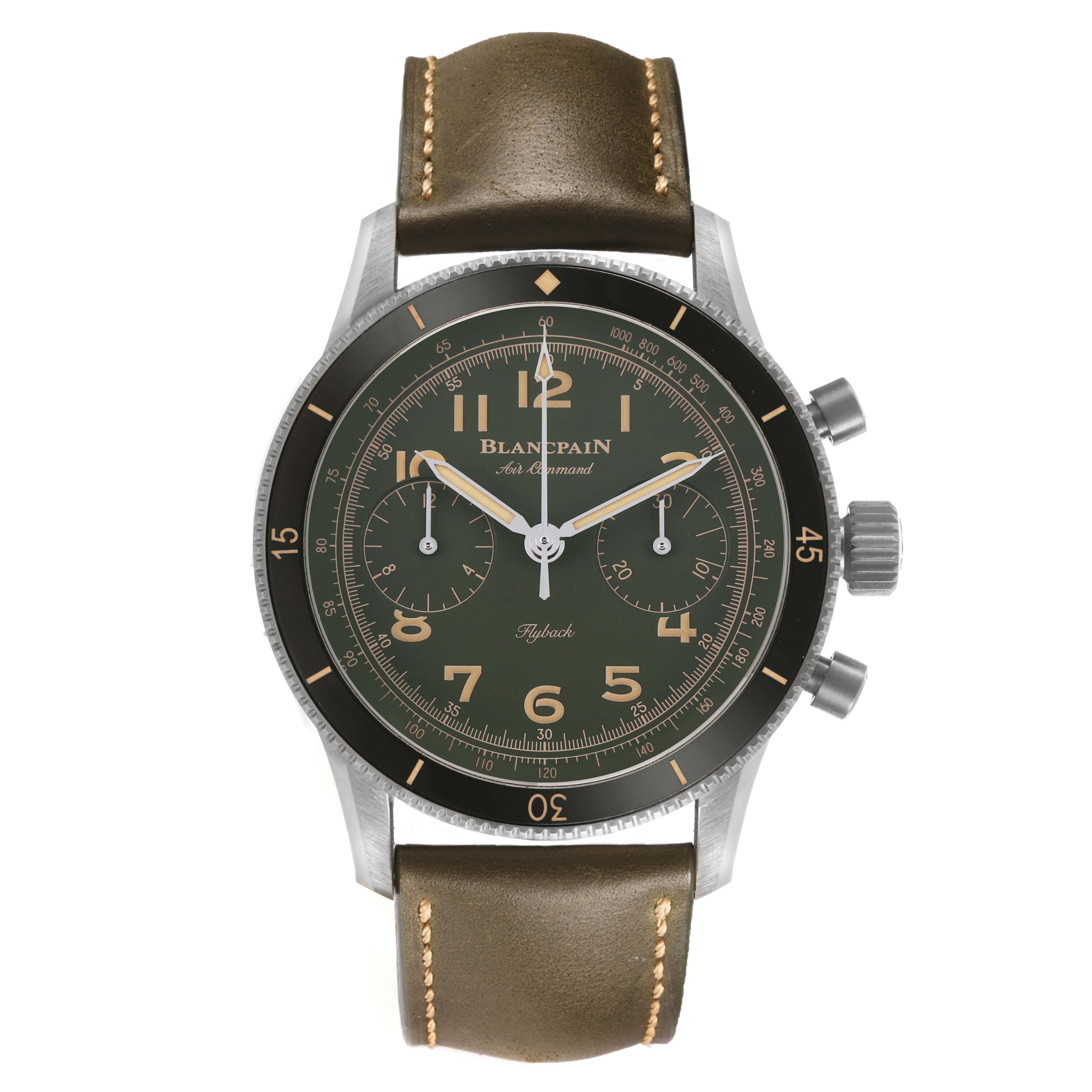 The Blancpain Air Command AC02 12B53 63B Men's Titanium Green Dial watch is shown from a front angle, displaying its face, bezel, pushers, and leather strap.