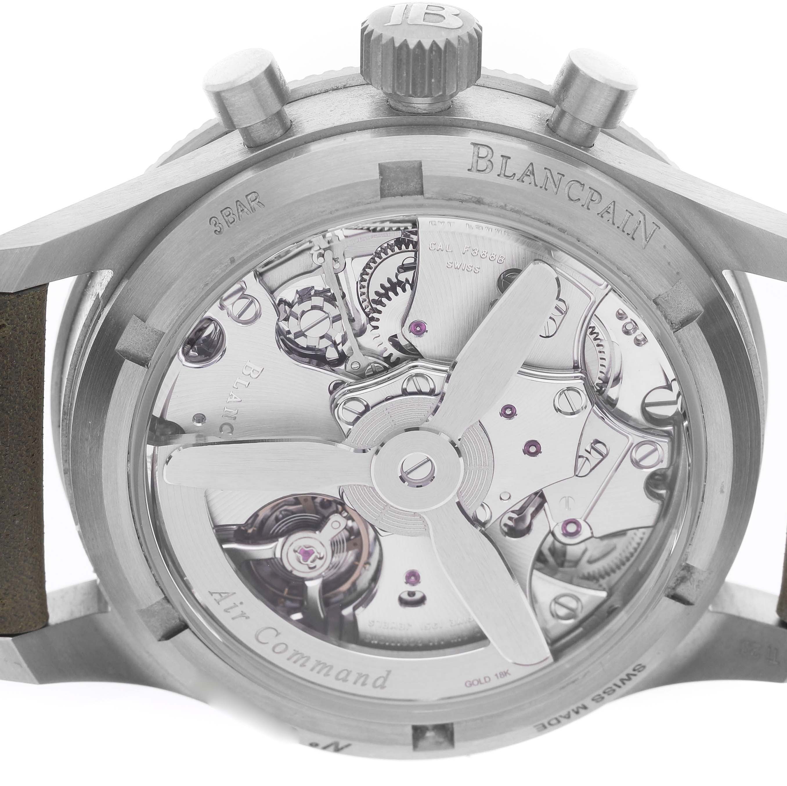 The image shows the case back of the Blancpain Air Command AC02 12B53 63B Men's Titanium Green Dial watch, highlighting the movement and rotor from a straight-on angle.