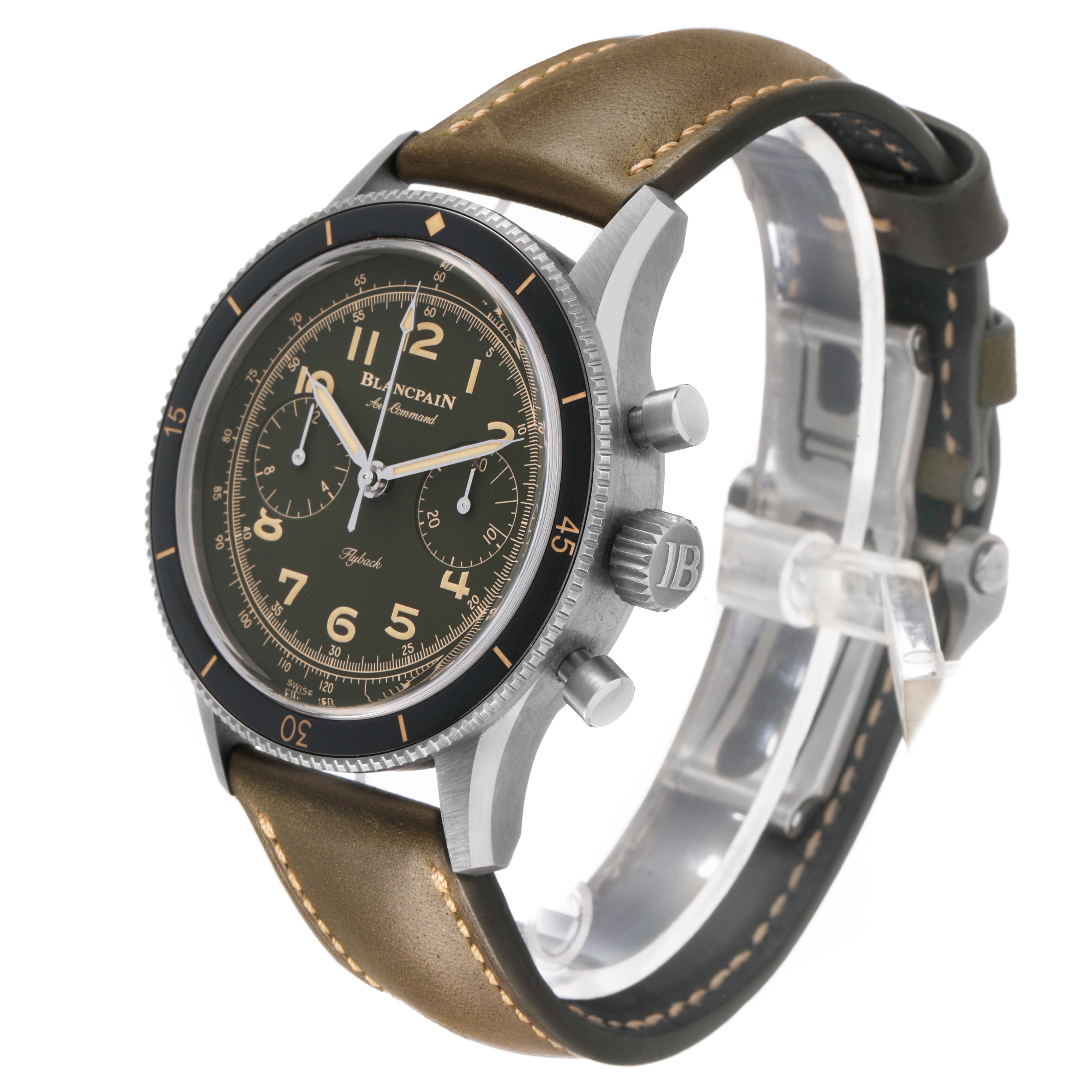 The Blancpain Air Command AC02 12B53 63B Men's Titanium Green Dial watch is shown at a three-quarter angle, highlighting the dial, bezel, and leather strap.