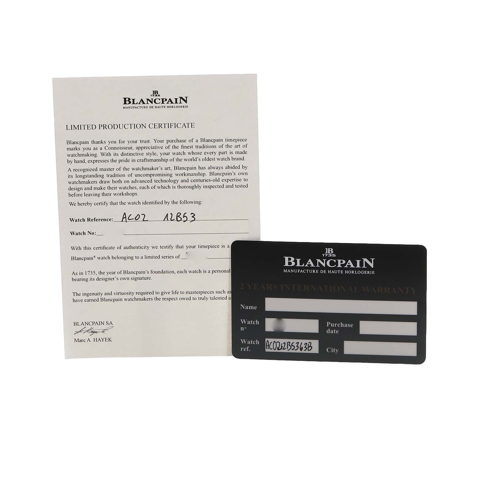 The image shows a Blancpain Air Command AC02 12B53 63B Men's Titanium Green Dial model's certificate and warranty card placed side by side.