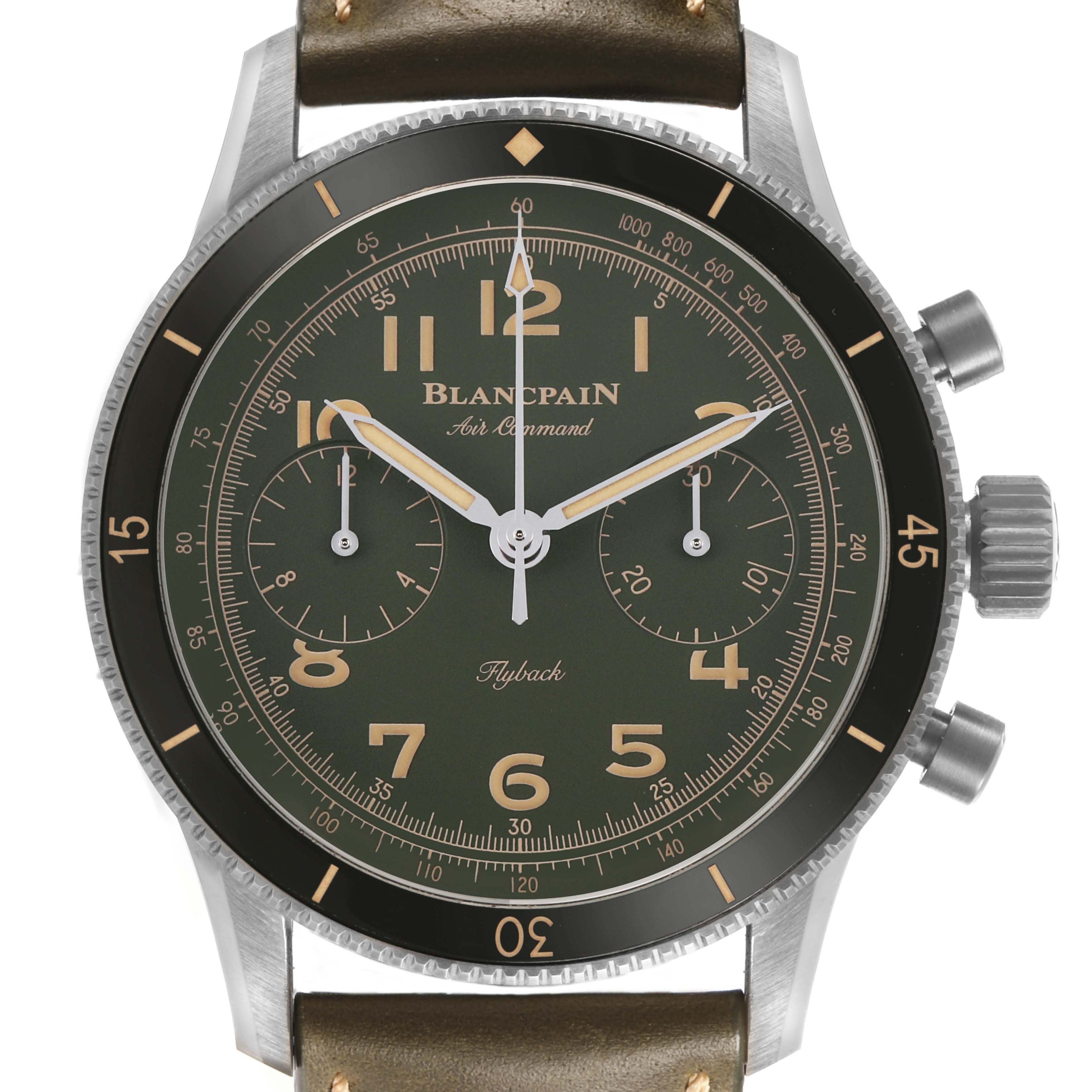 The image shows a frontal view of a Blancpain Air Command AC02 12B53 63B Men's Titanium Green Dial watch with visible dial, bezel, crown, and pushers.