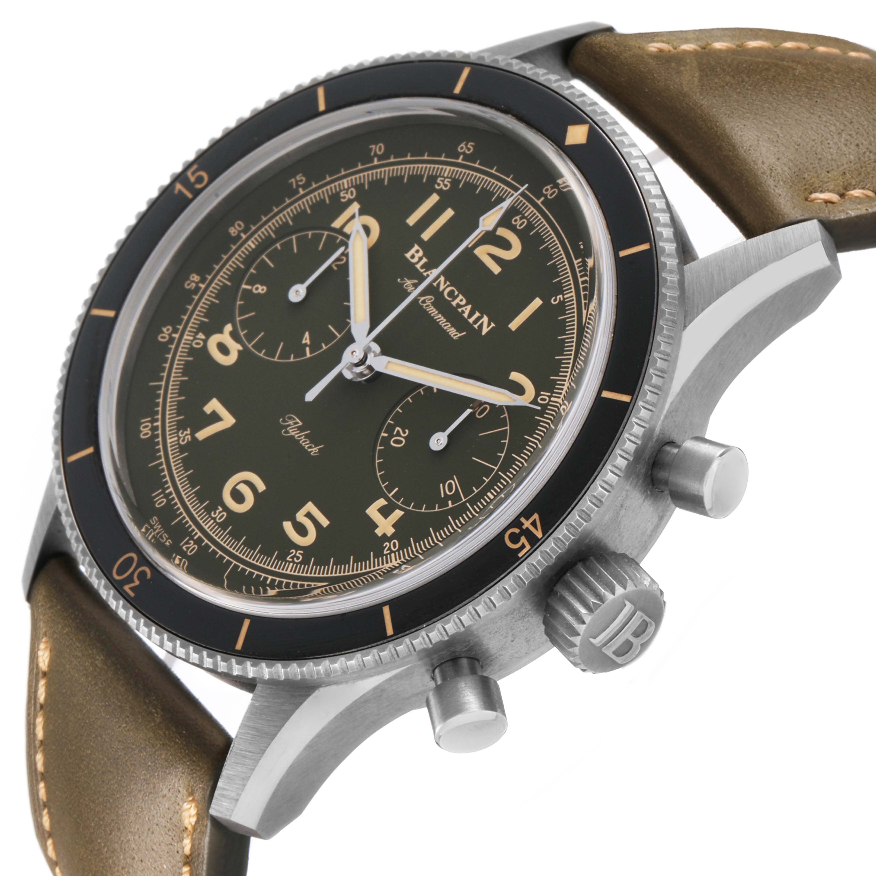 The Blancpain Air Command AC02 12B53 63B Men's Titanium Green Dial watch is shown at an angled side view, highlighting the bezel, dial, and pushers.
