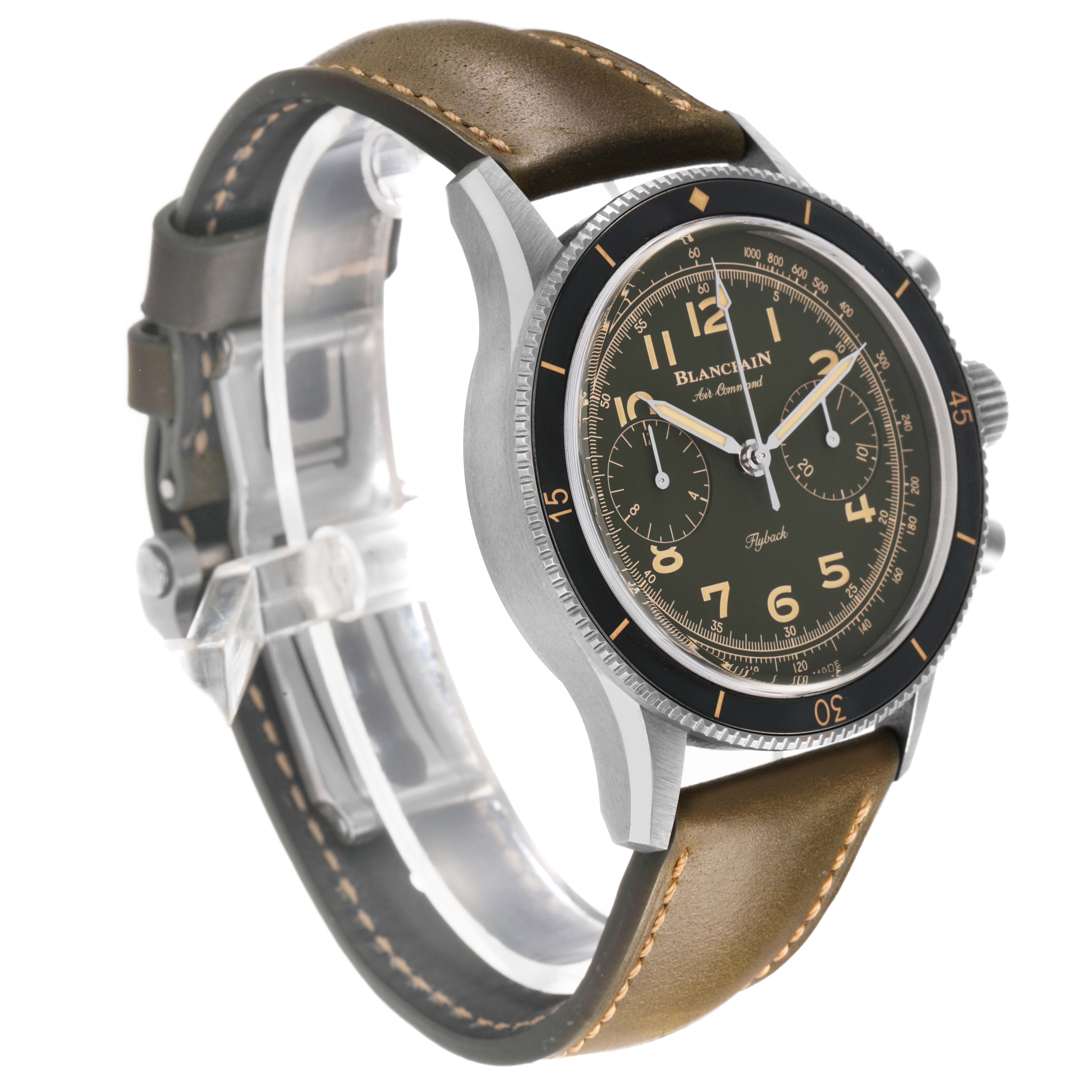 The Blancpain Air Command AC02 12B53 63B Men's Titanium Green Dial watch is shown at a three-quarter angle, highlighting the face, bezel, case, and part of the strap.