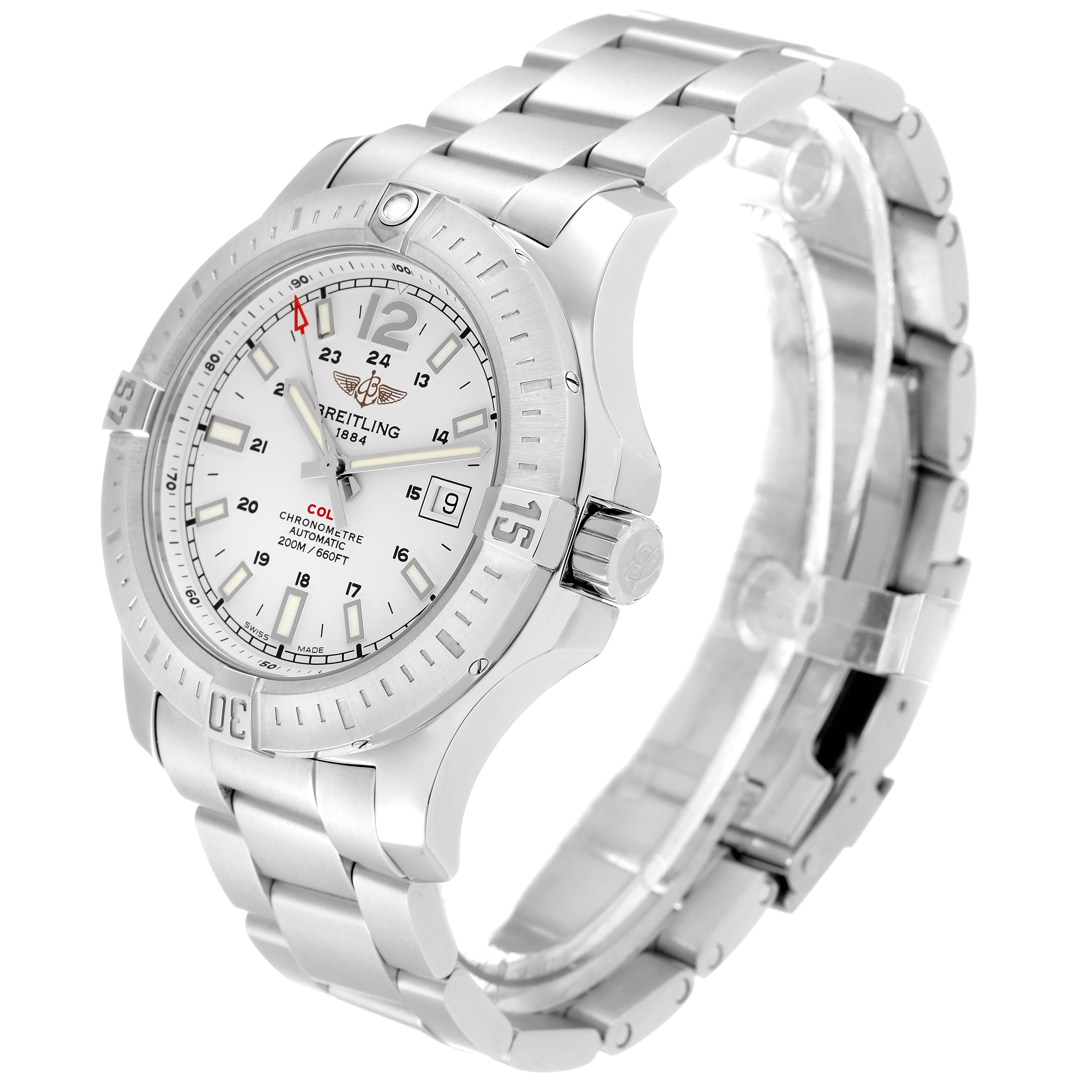 This image shows the Breitling Colt A17388 Men's Stainless Steel White Dial A17388 Men's Stainless Steel White Dial watch at a 3/4 angle, highlighting the face, bezel, crown, and bracelet.