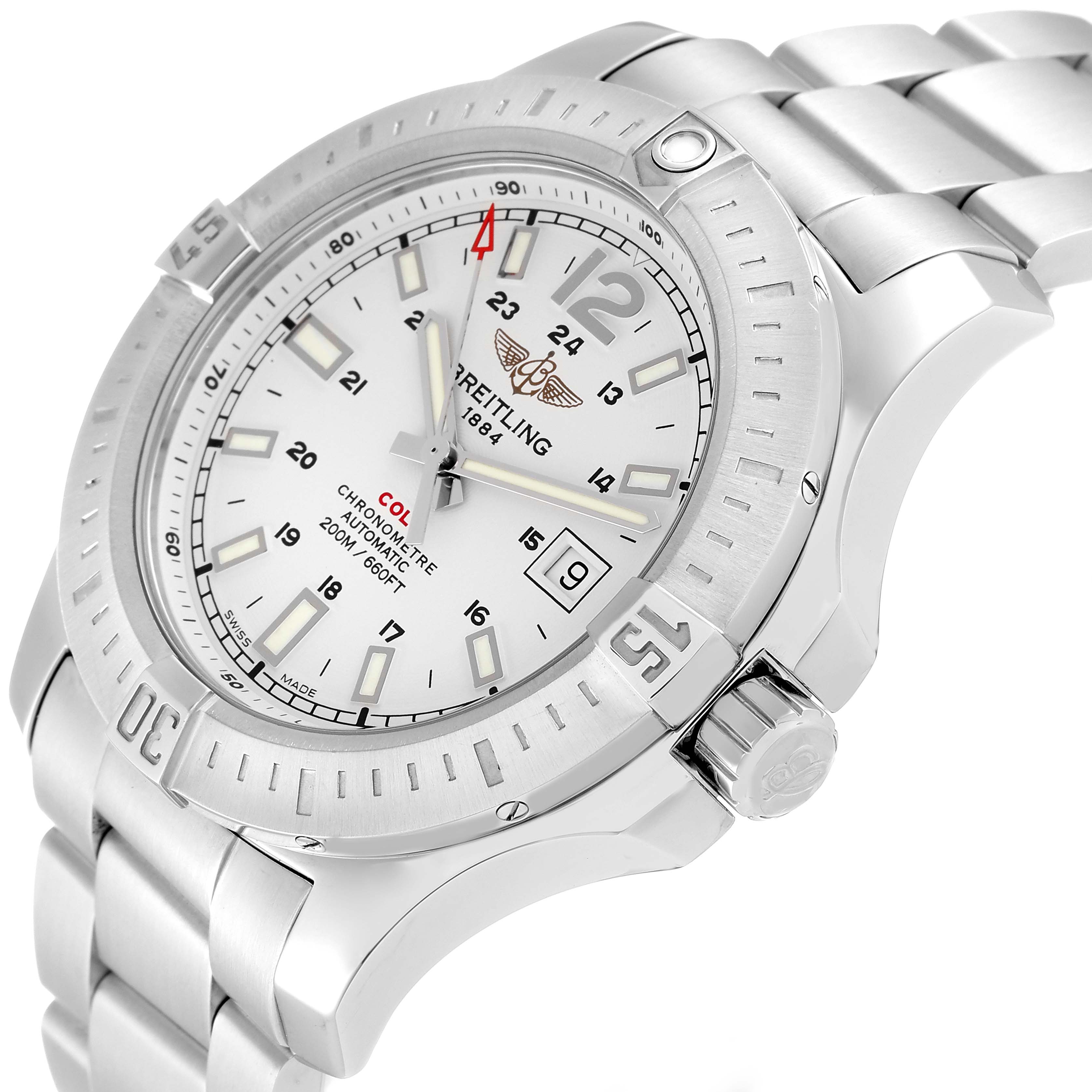 The image shows a side and front view of the Breitling Colt A17388 Men's Stainless Steel White Dial A17388 Men's Stainless Steel White Dial watch, highlighting its bezel, dial, hands, and bracelet.