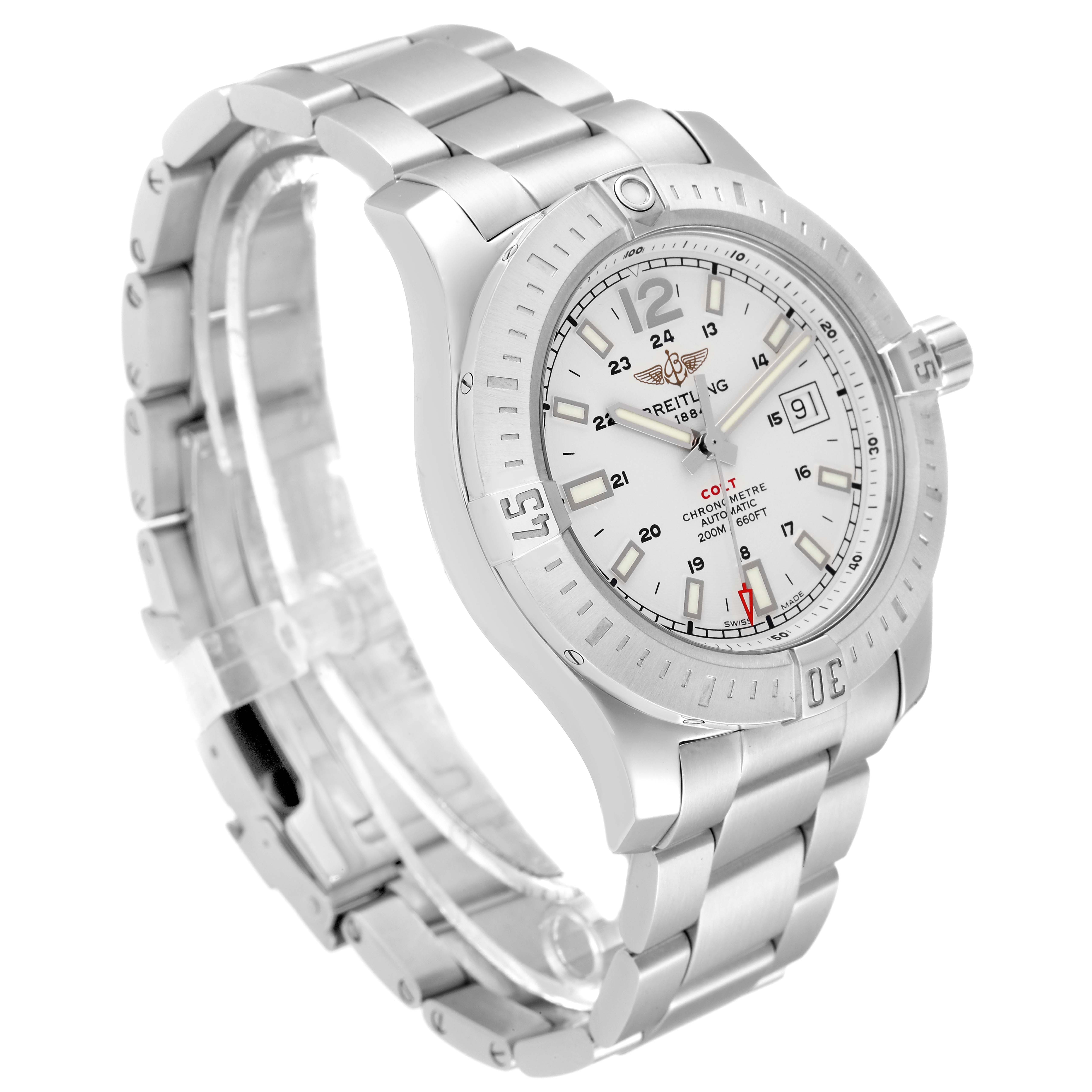 The Breitling Colt A17388 Men's Stainless Steel White Dial A17388 Men's Stainless Steel White Dial watch is shown from an angled view displaying its face, bezel, crown, and stainless steel bracelet.