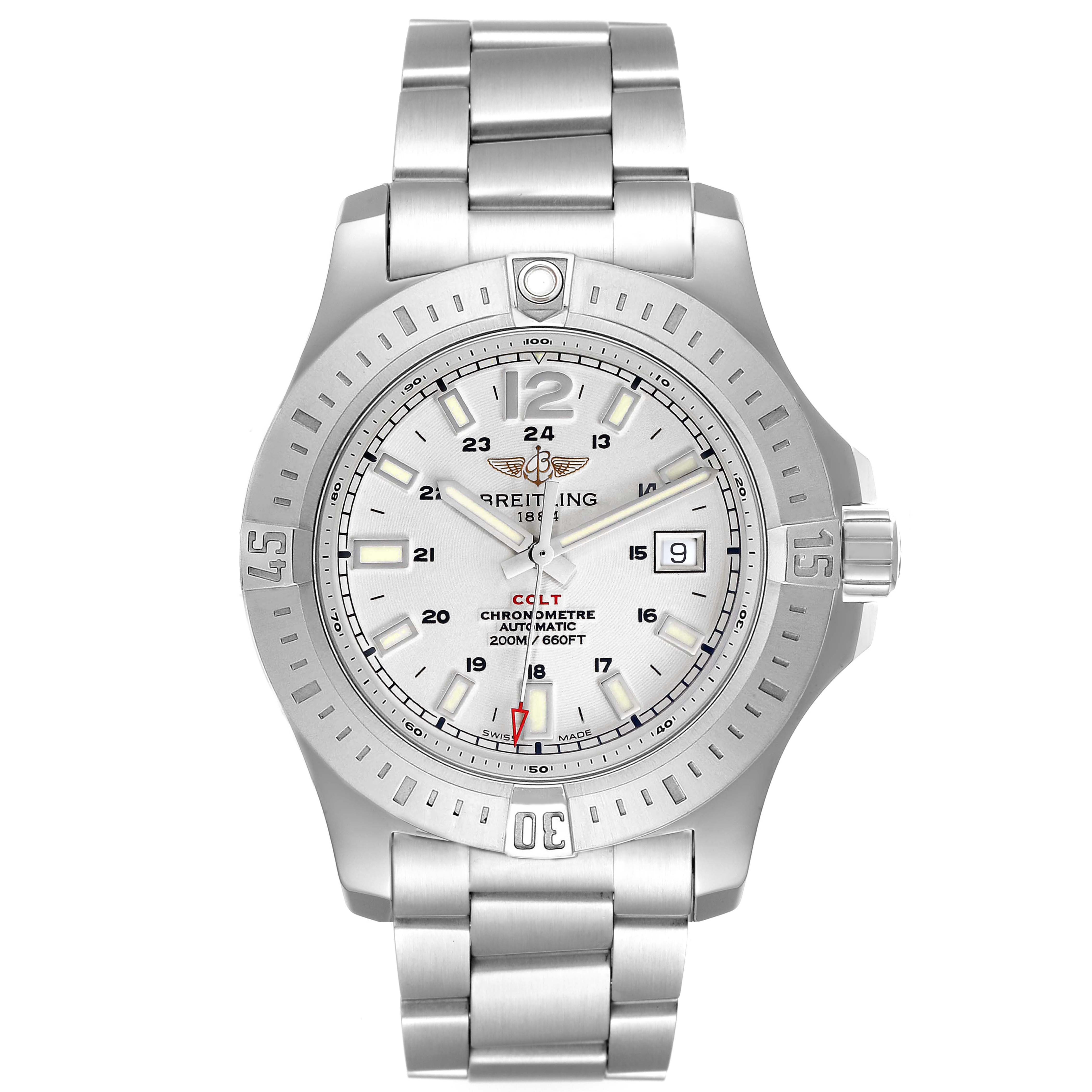 This is a front view of a Breitling Colt A17388 Men's Stainless Steel White Dial A17388 Men's Stainless Steel White Dial watch, showing the face, bezel, bracelet, and crown.