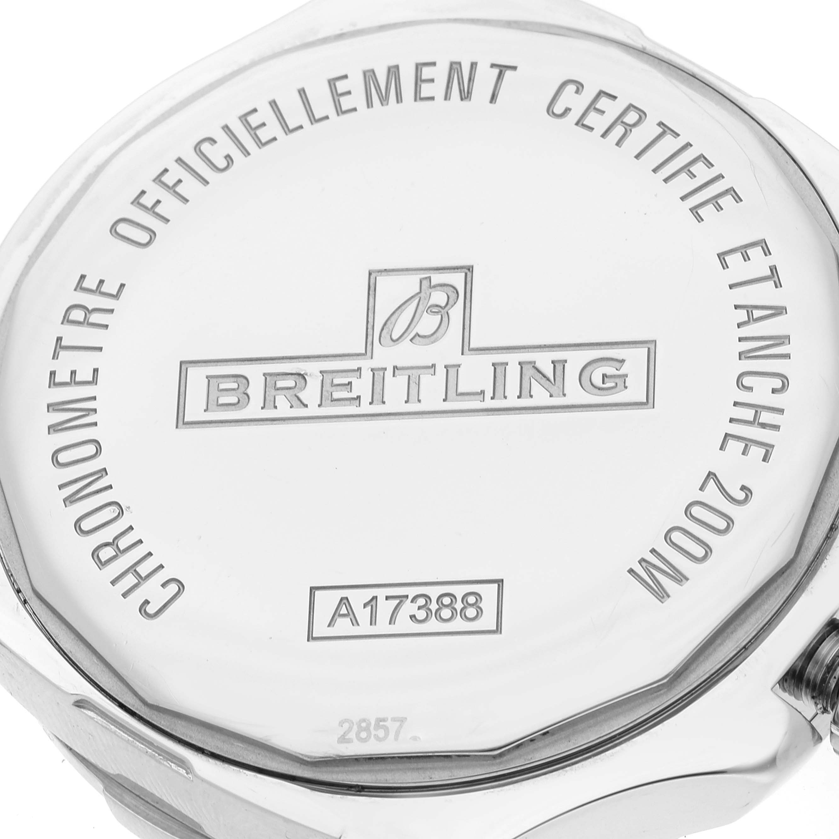 The image shows the back case of the Breitling Colt A17388 Men's Stainless Steel White Dial A17388 Men's Stainless Steel White Dial watch, displaying the brand logo, model number, and water resistance details.