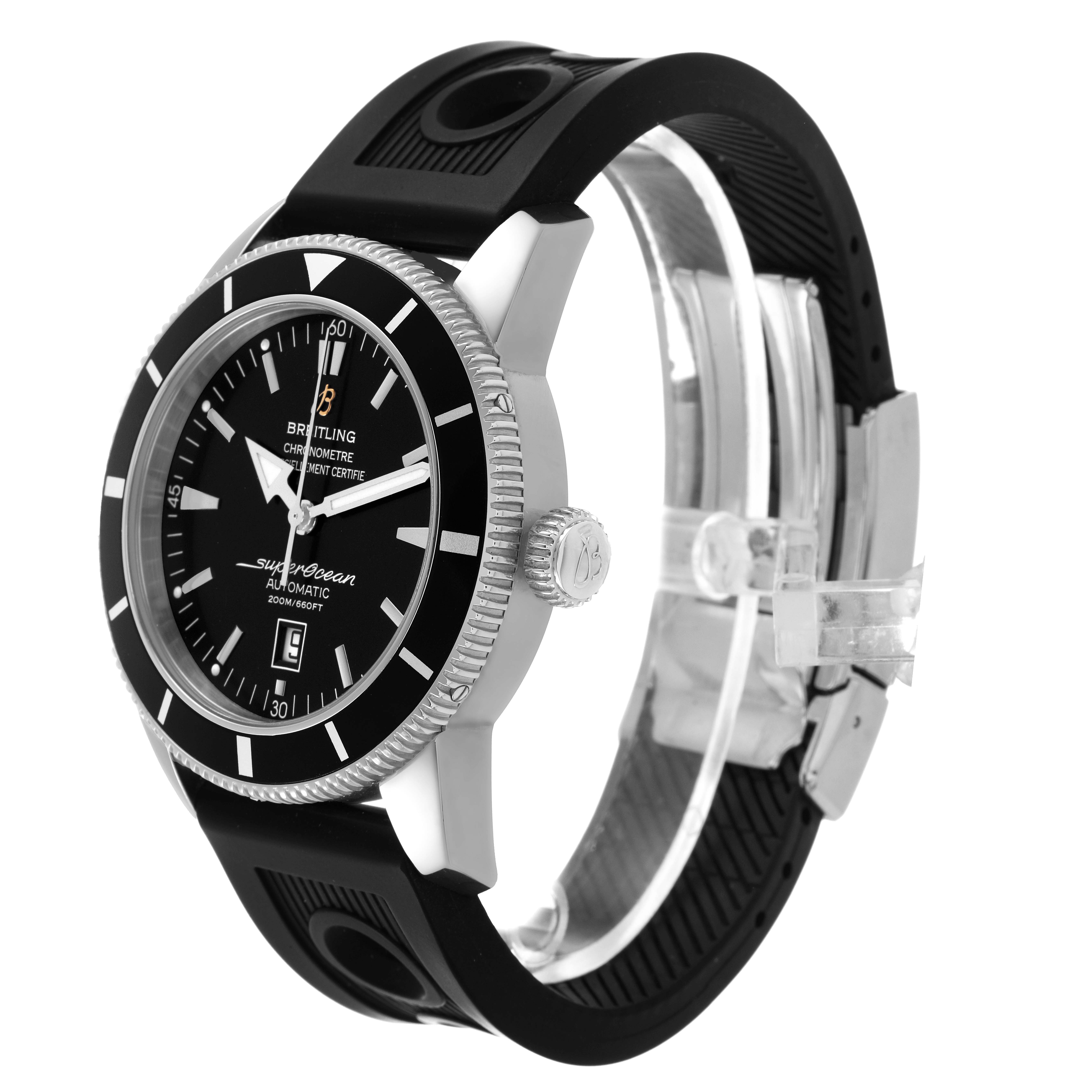 The Breitling Superocean AB2010 Men's Stainless Steel Black Dial watch is shown at a side angle, displaying the face, bezel, crown, and part of the strap.