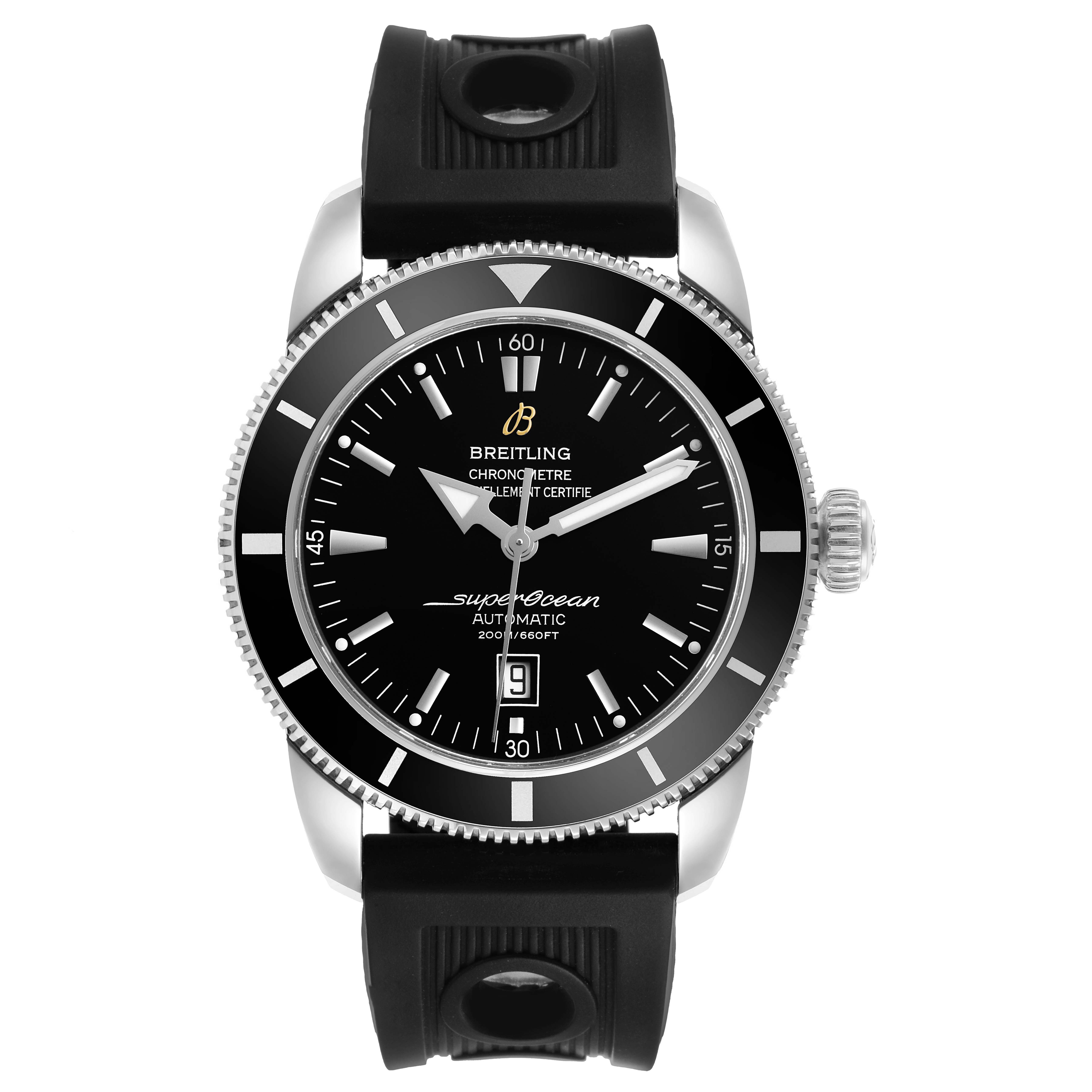 The Breitling Superocean AB2010 Men's Stainless Steel Black Dial watch is shown from a front angle, highlighting the dial, bezel, crown, and strap.