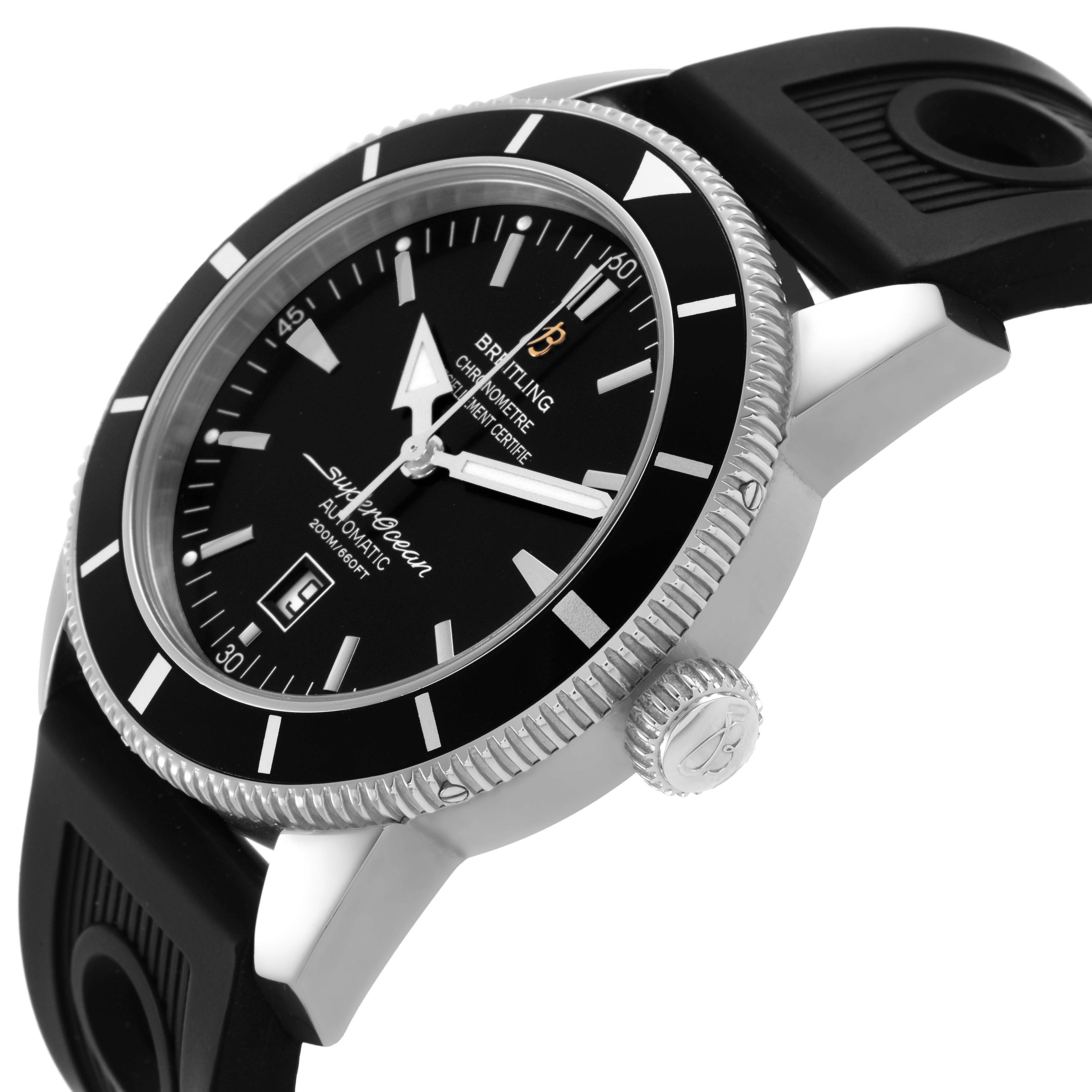 The Breitling Superocean AB2010 Men's Stainless Steel Black Dial watch is shown from an angled side view, featuring the bezel, crown, and black rubber strap.