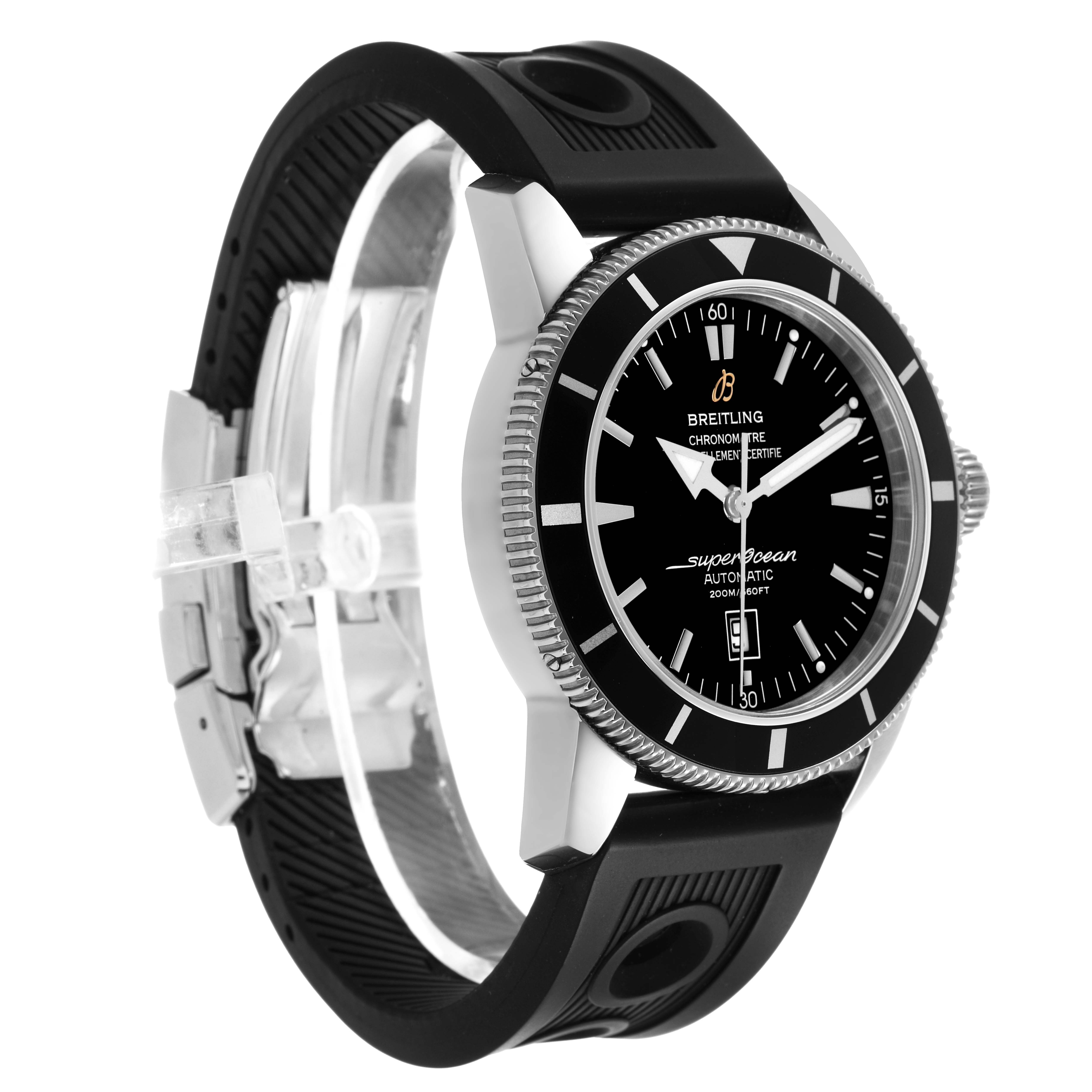 The Breitling Superocean AB2010 Men's Stainless Steel Black Dial watch is shown at a slight angle, showcasing its face, bezel, case, and rubber strap.