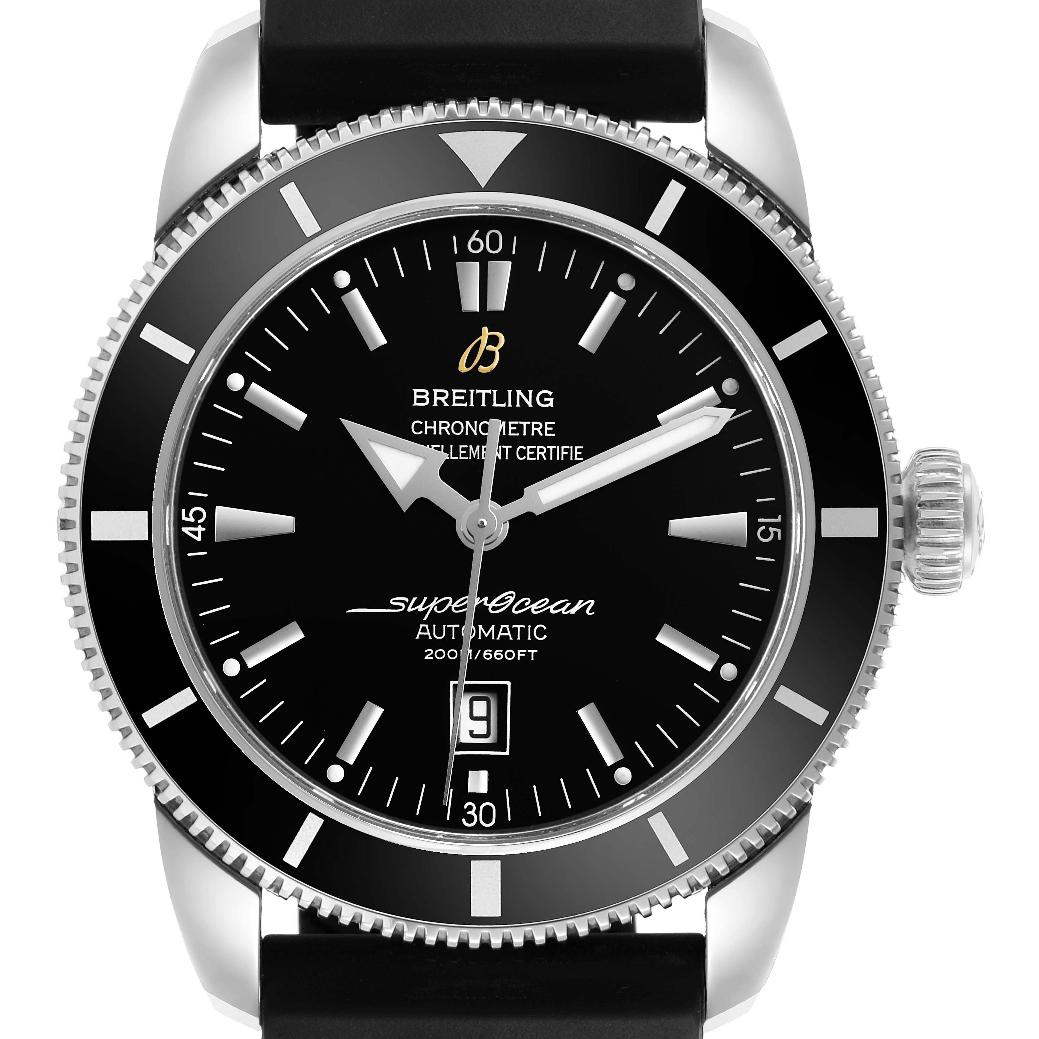 The Breitling Superocean AB2010 Men's Stainless Steel Black Dial watch is shown from the front, featuring the dial, bezel, and crown.