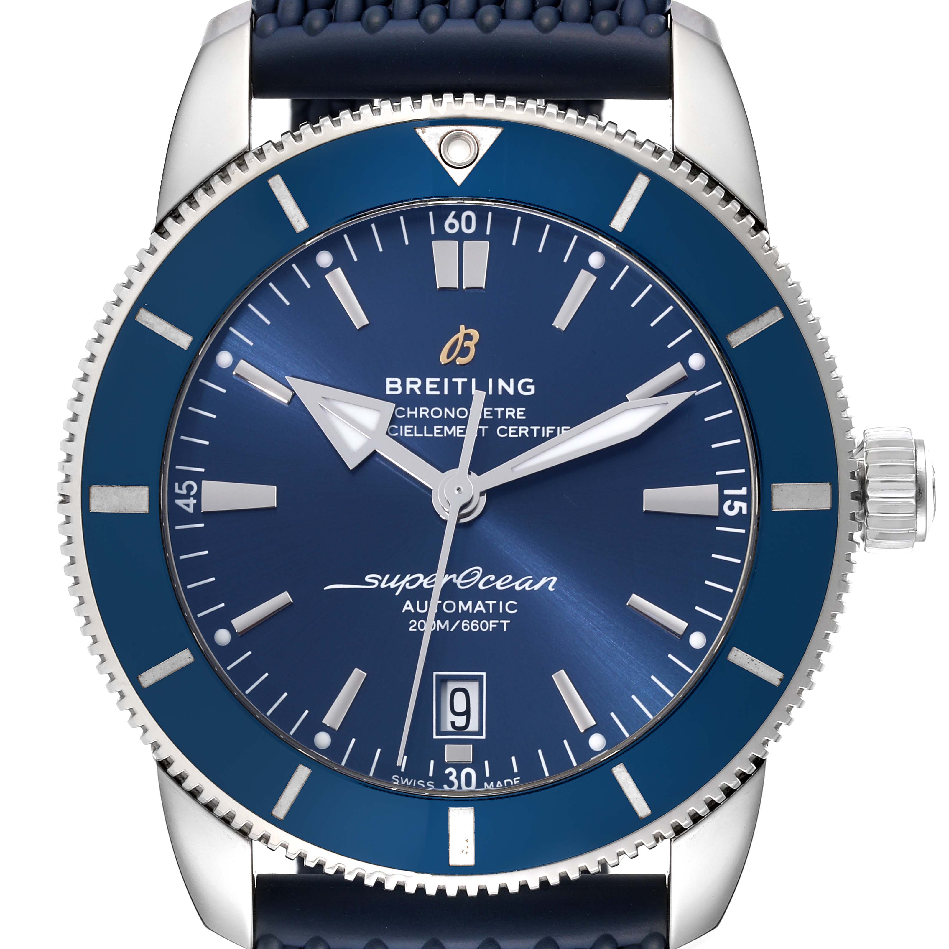 The image shows a front view of the Breitling Superocean AB2020 Men's Stainless Steel Blue Dial AB2020 Men's Stainless Steel Blue Dial watch, highlighting its blue dial, bezel, and case.
