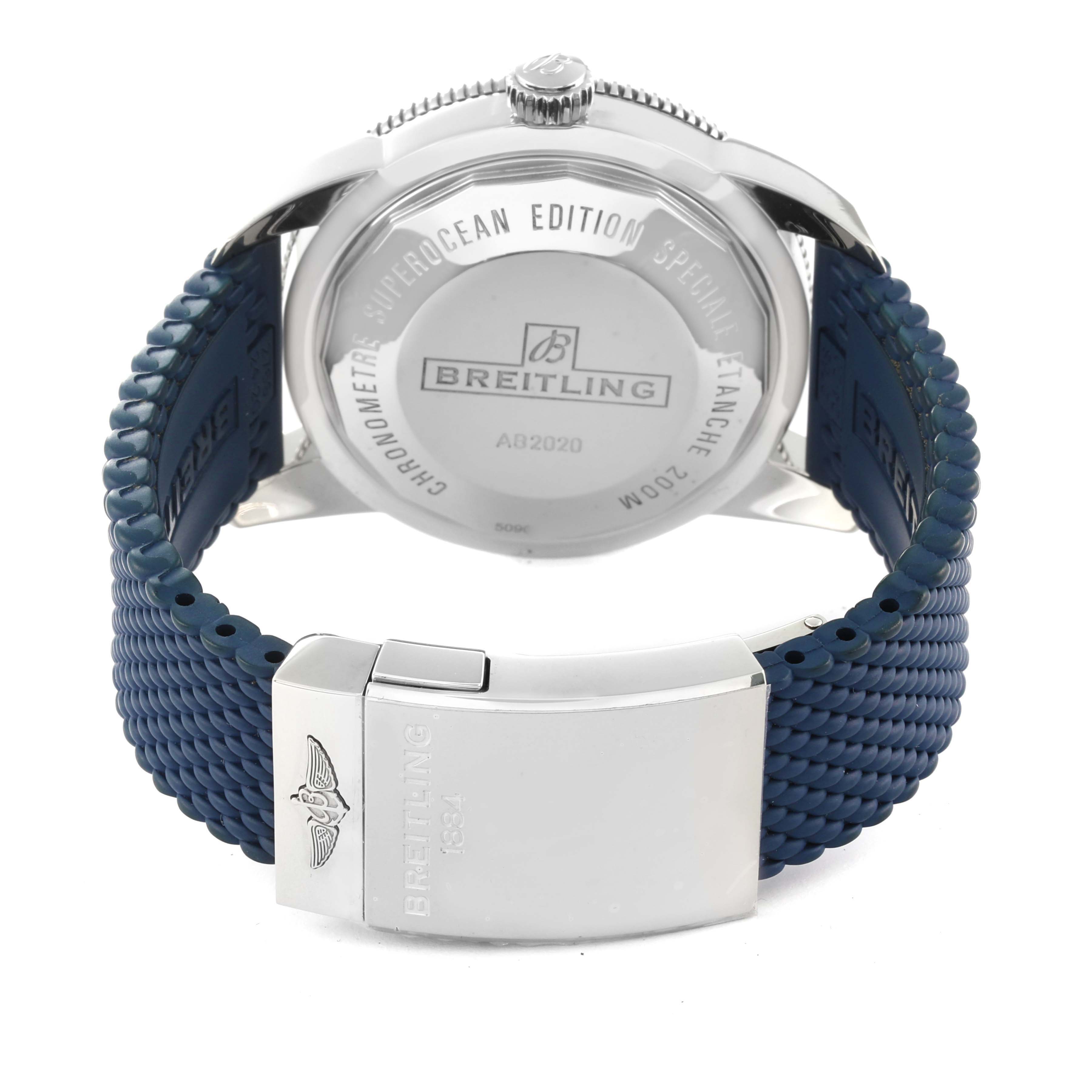 The image shows the back of the Breitling Superocean AB2020 Men's Stainless Steel Blue Dial AB2020 Men's Stainless Steel Blue Dial watch, highlighting the case back and the blue rubber strap with a clasp.