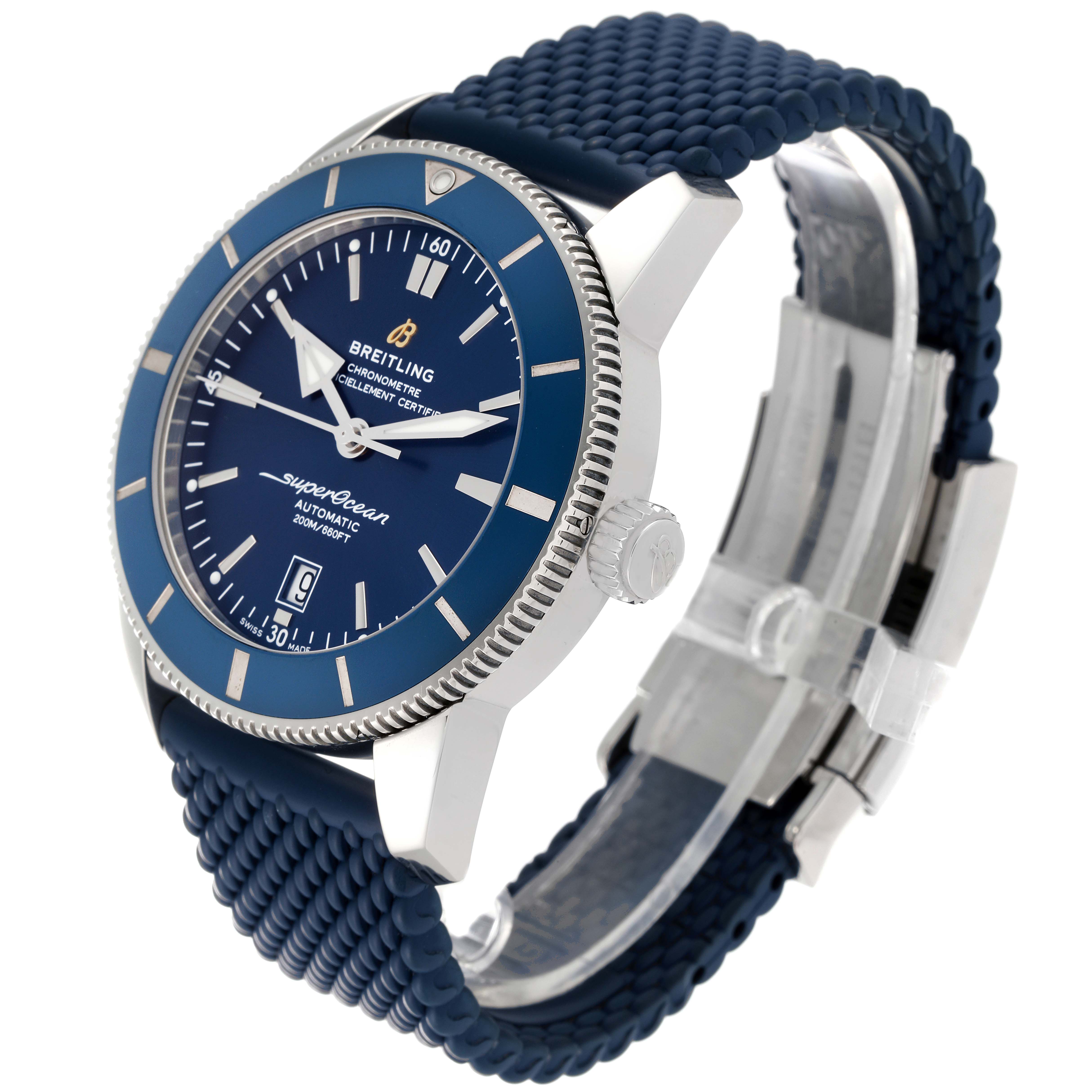 The Breitling Superocean AB2020 Men's Stainless Steel Blue Dial AB2020 Men's Stainless Steel Blue Dial watch is shown at a side angle, displaying its blue dial, bezel, and textured blue strap.