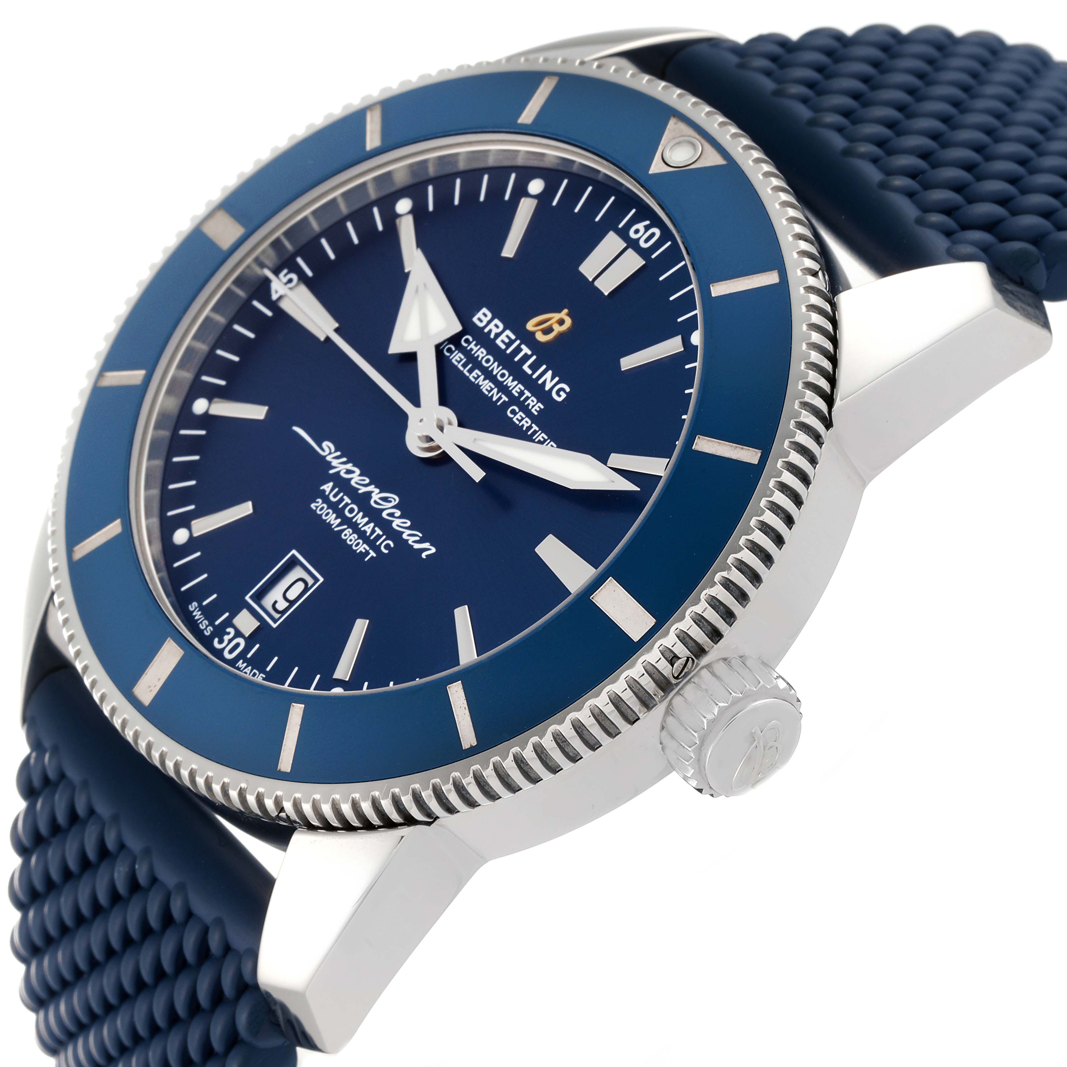 The image shows a close-up side view of a Breitling Superocean AB2020 Men's Stainless Steel Blue Dial AB2020 Men's Stainless Steel Blue Dial watch, highlighting the face, bezel, and part of the strap.