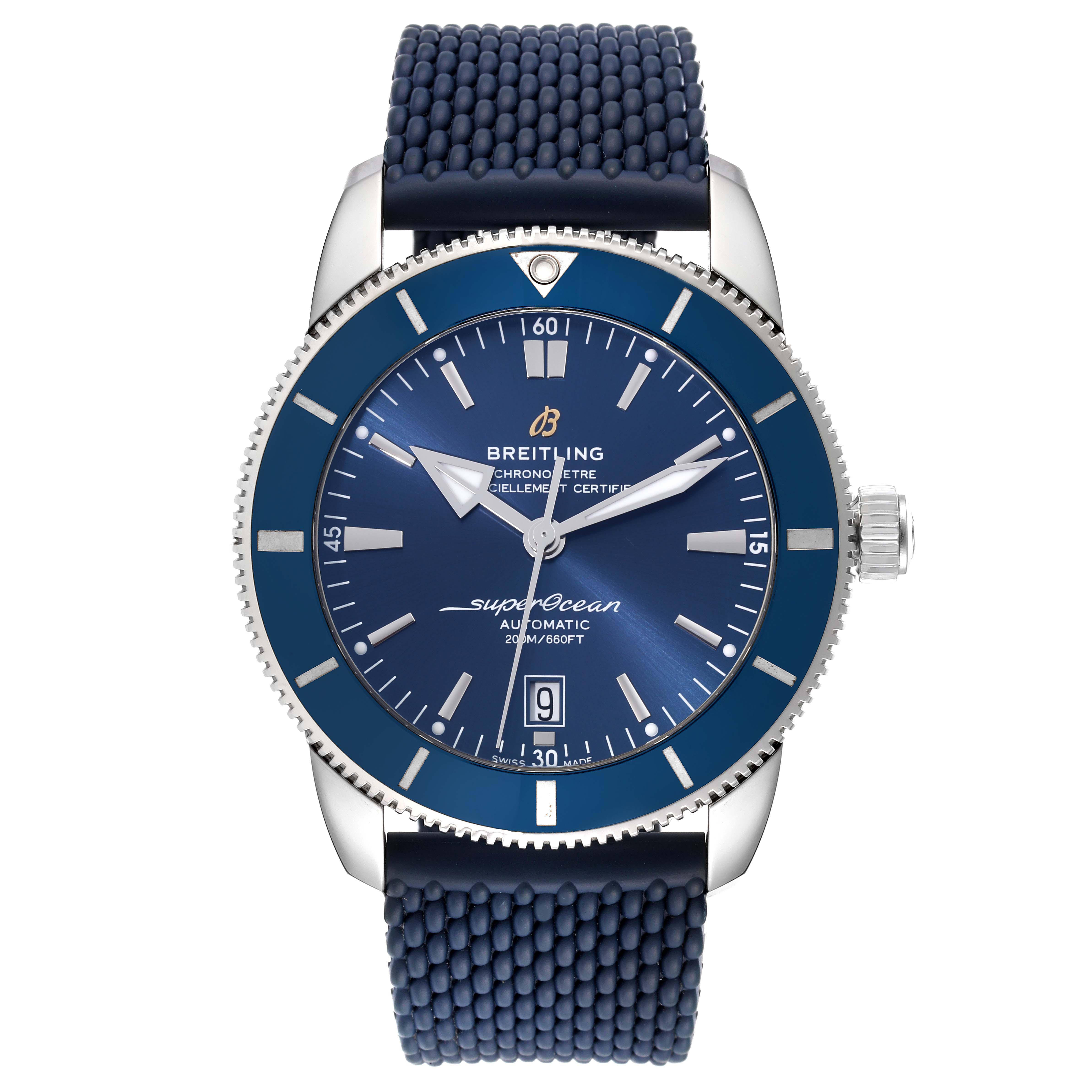 The image shows a Breitling Superocean AB2020 Men's Stainless Steel Blue Dial AB2020 Men's Stainless Steel Blue Dial watch from a front angle, displaying the dial, bezel, hands, and strap.