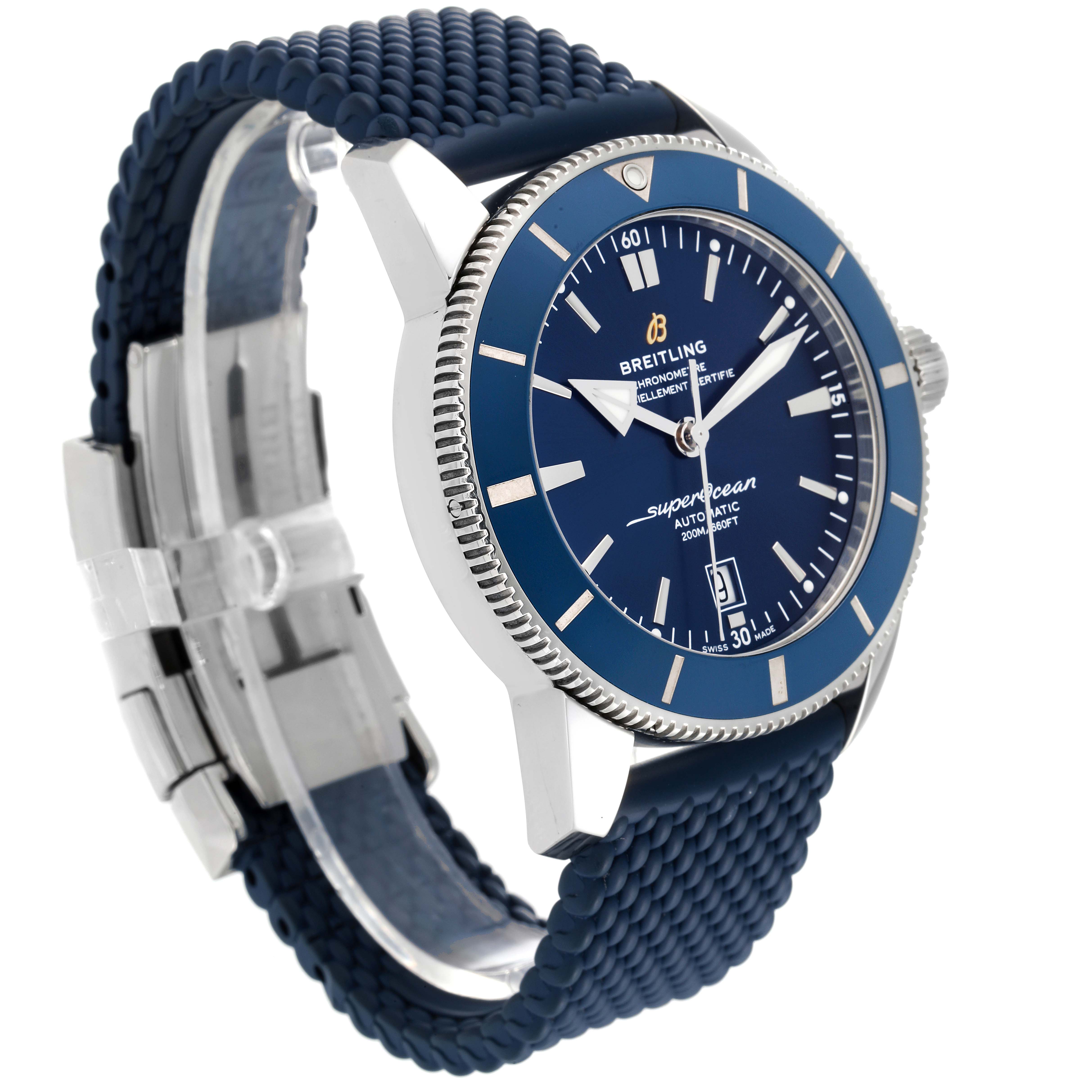 The image shows a side angle of the Breitling Superocean AB2020 Men's Stainless Steel Blue Dial AB2020 Men's Stainless Steel Blue Dial watch, highlighting the dial, bezel, lugs, and textured strap.