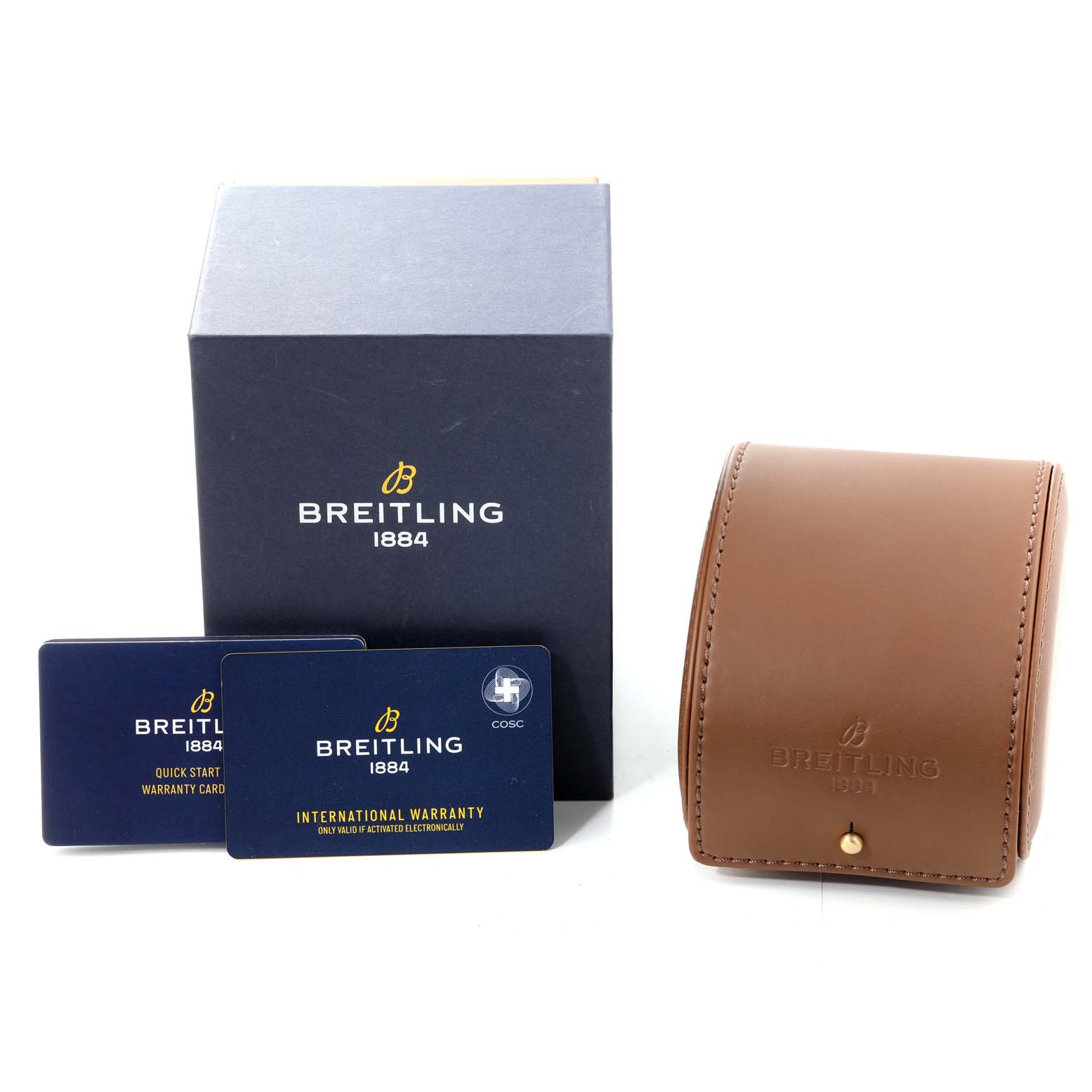 The image shows a Breitling Superocean AB2020 Men's Stainless Steel Blue Dial AB2020 Men's Stainless Steel Blue Dial model box, international warranty card, quick start guide, and a brown leather protective case.