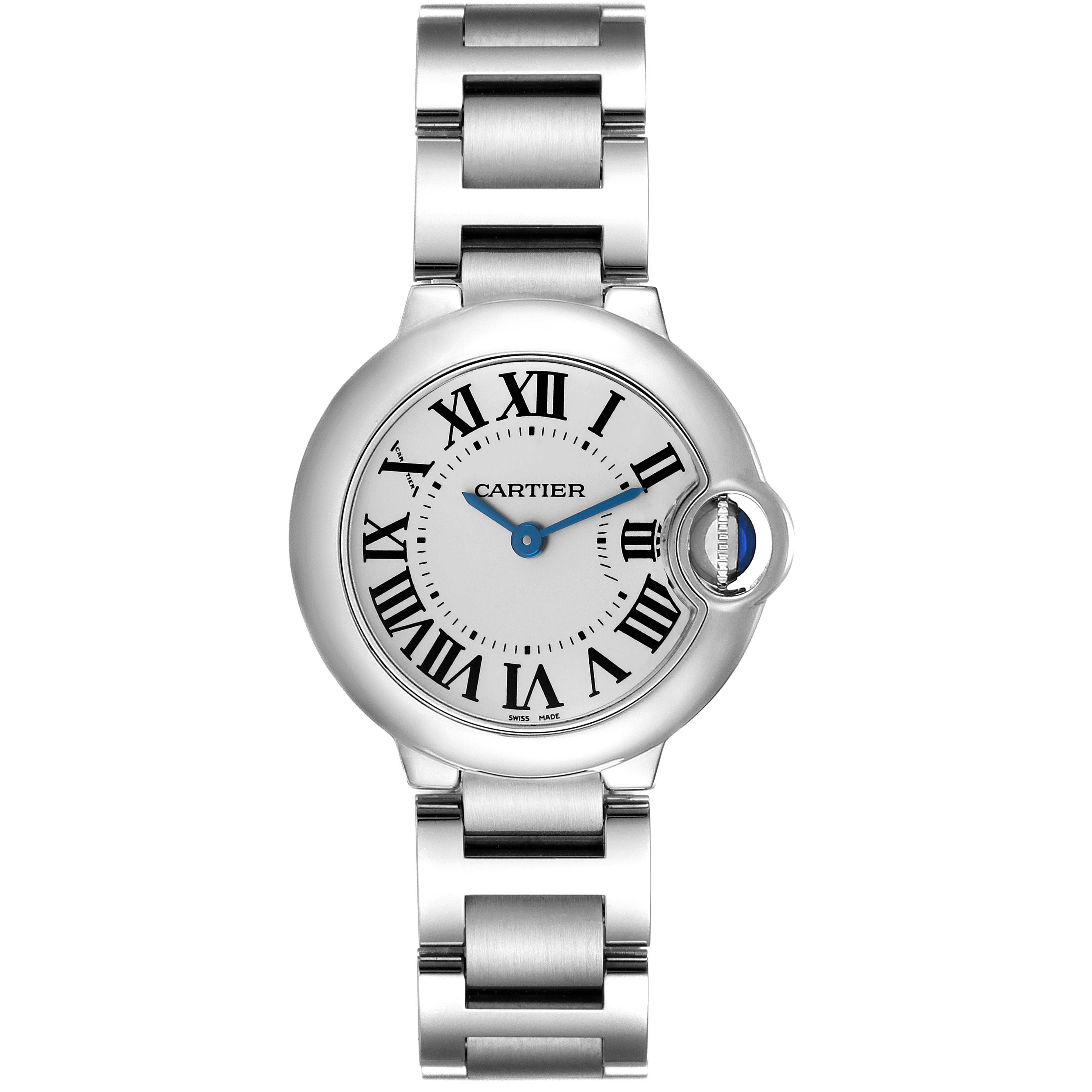 The image shows a top view of the Cartier Ballon Bleu W69010Z4 Women
s Stainless Steel Silver Dial W69010Z4 Women
s Stainless Steel Silver Dial watch with its face and stainless steel bracelet visible.