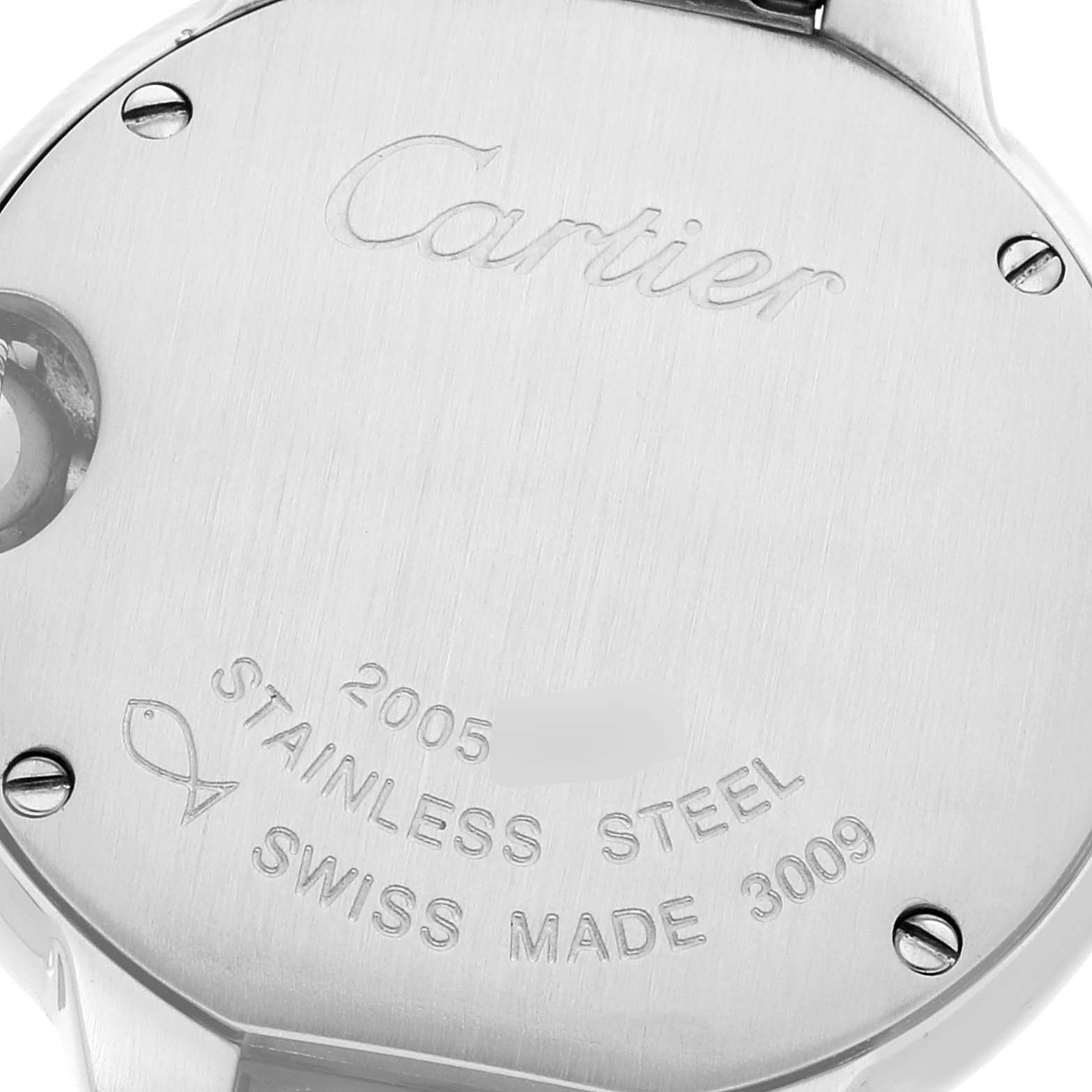 The image shows the back case of a Ballon Bleu watch by Cartier, highlighting the brand name and specifications engraved on it.