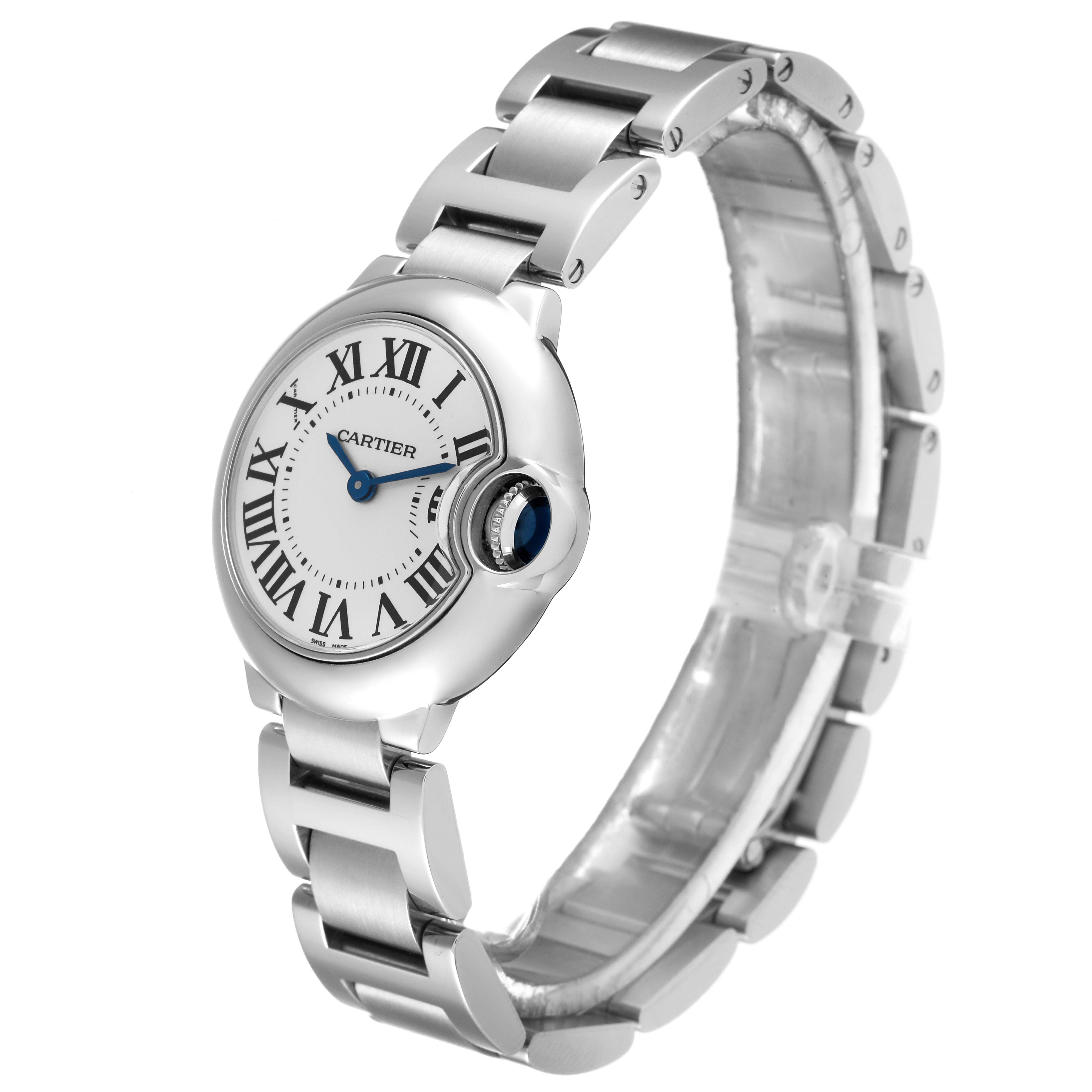 The image shows a Ballon Bleu de Cartier watch angled slightly from the side, displaying its face, bracelet, and crown.