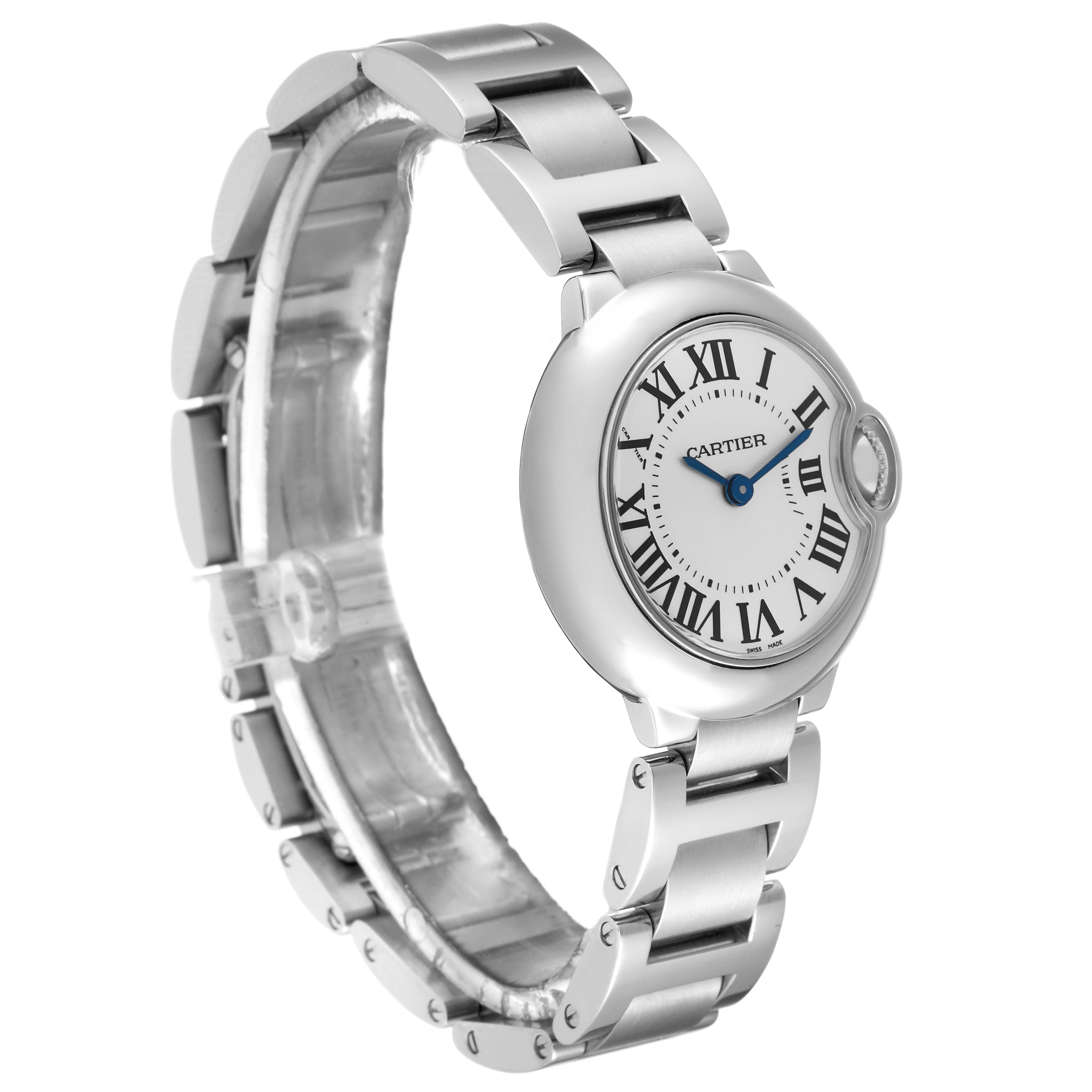The image shows a side view of a Cartier Ballon Bleu W69010Z4 Women
s Stainless Steel Silver Dial W69010Z4 Women
s Stainless Steel Silver Dial watch, highlighting its stainless steel bracelet and round face with Roman numerals.