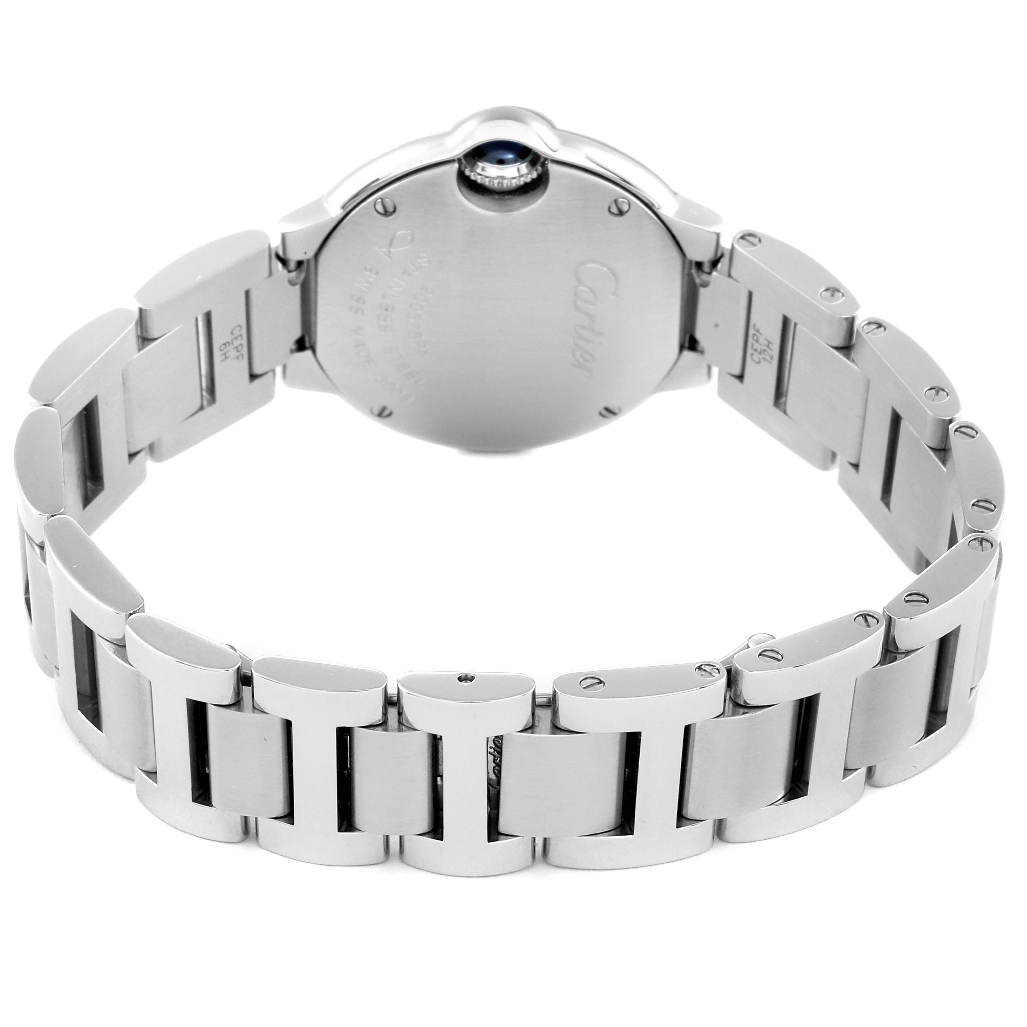 The image shows the back view of a Ballon Bleu de Cartier watch, displaying the stainless steel bracelet and the case back.