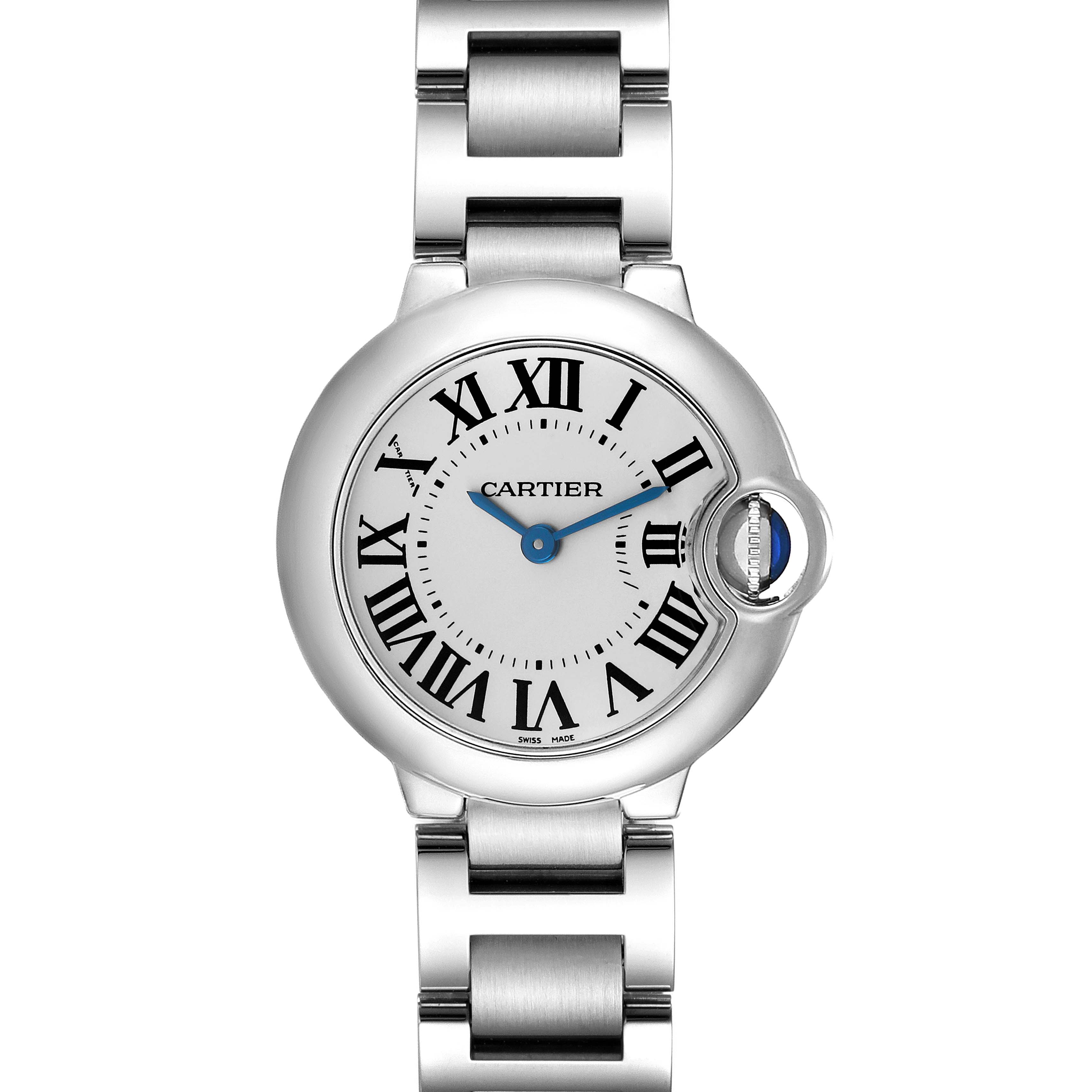 The image shows a front view of the Ballon Bleu model by Cartier, highlighting the face, Roman numerals, and silver band.