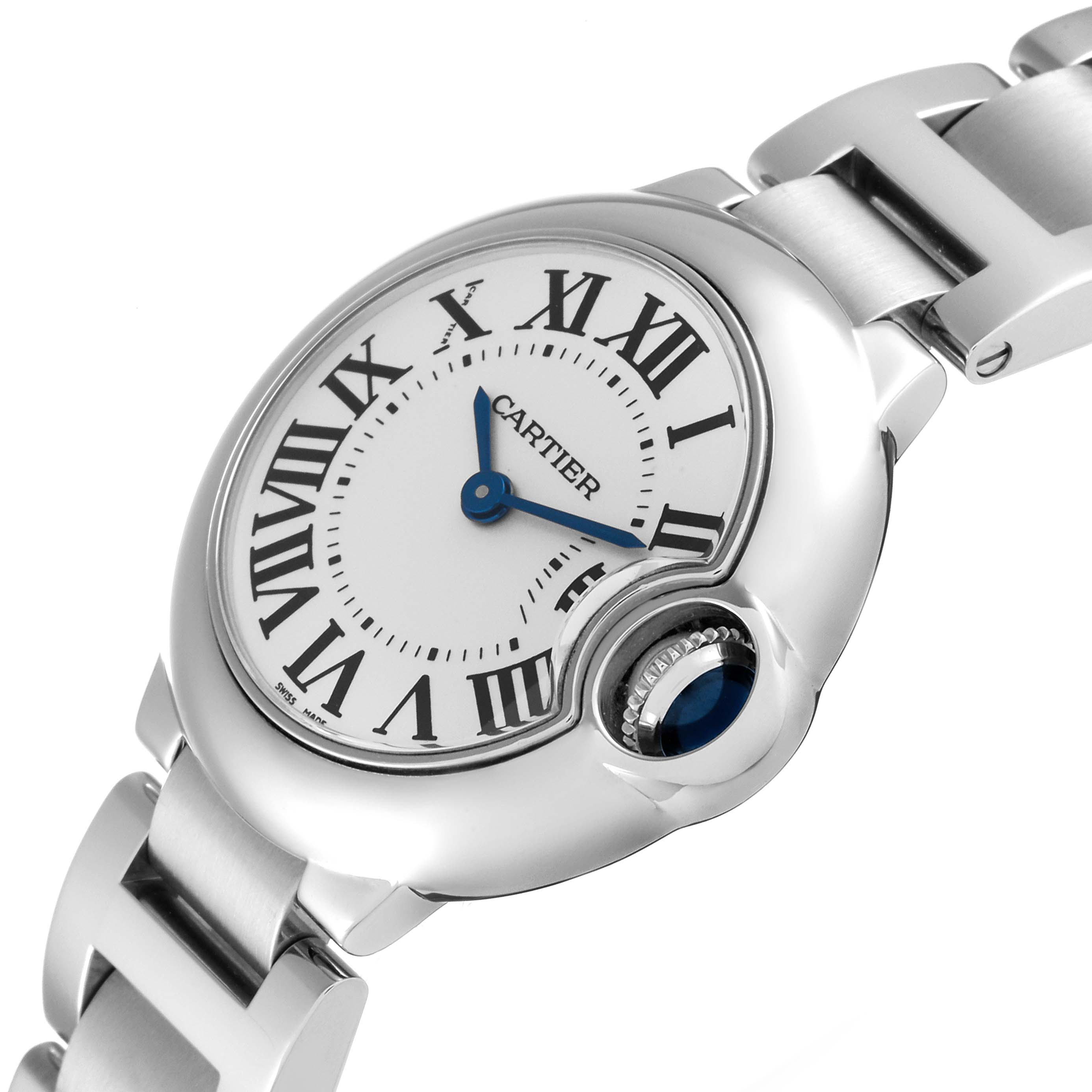 The image shows a close-up of the Cartier Ballon Bleu W69010Z4 Women
s Stainless Steel Silver Dial W69010Z4 Women
s Stainless Steel Silver Dial watch, focusing on the face and part of the bracelet.