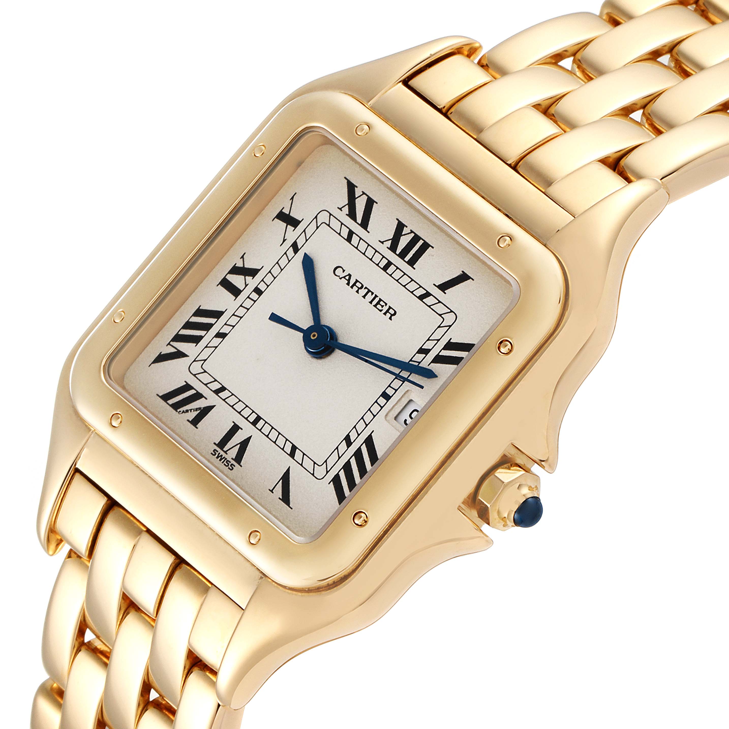 The image shows a close-up angle of the Cartier Panthere W25014B9 Men's Yellow Gold Silver Dial W25014B9 Men's Yellow Gold Silver Dial watch, highlighting its face, bezel, and part of the bracelet.