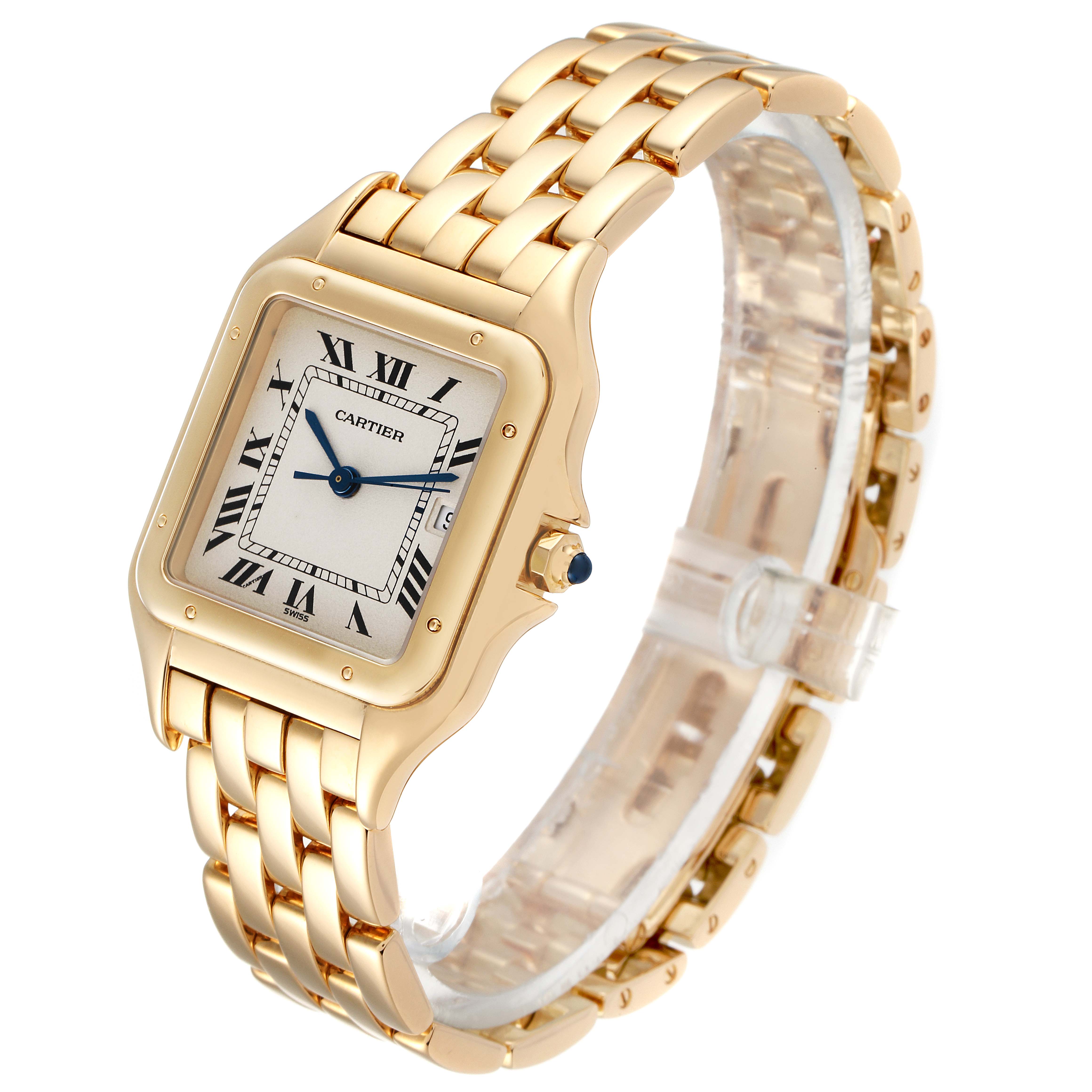 The Panthere de Cartier watch is shown at a slight angle, displaying its gold case, dial with Roman numerals, and gold bracelet.