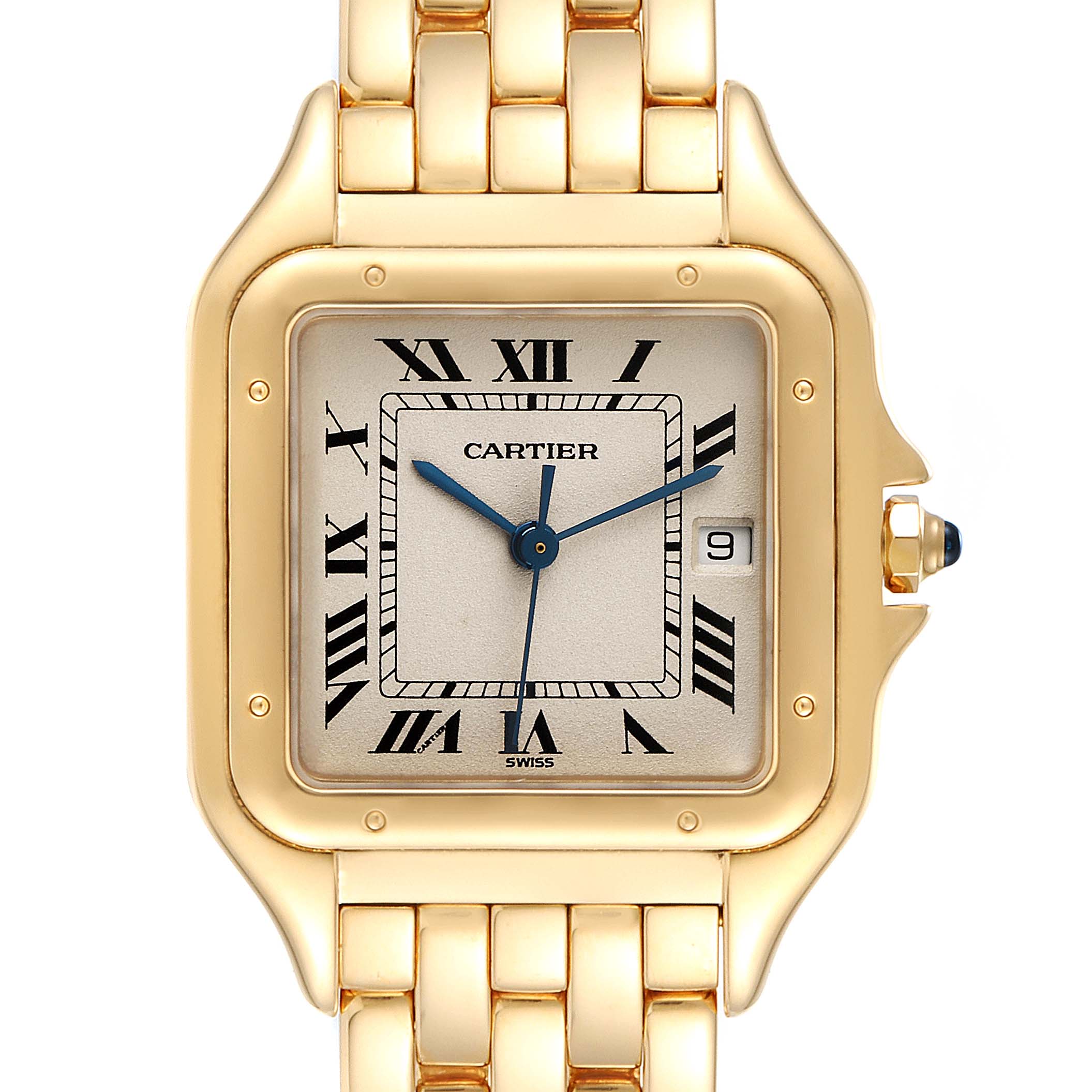 This image shows a close-up of the Cartier Panthere W25014B9 Men's Yellow Gold Silver Dial W25014B9 Men's Yellow Gold Silver Dial watch, highlighting its face, bezel, and part of the bracelet.