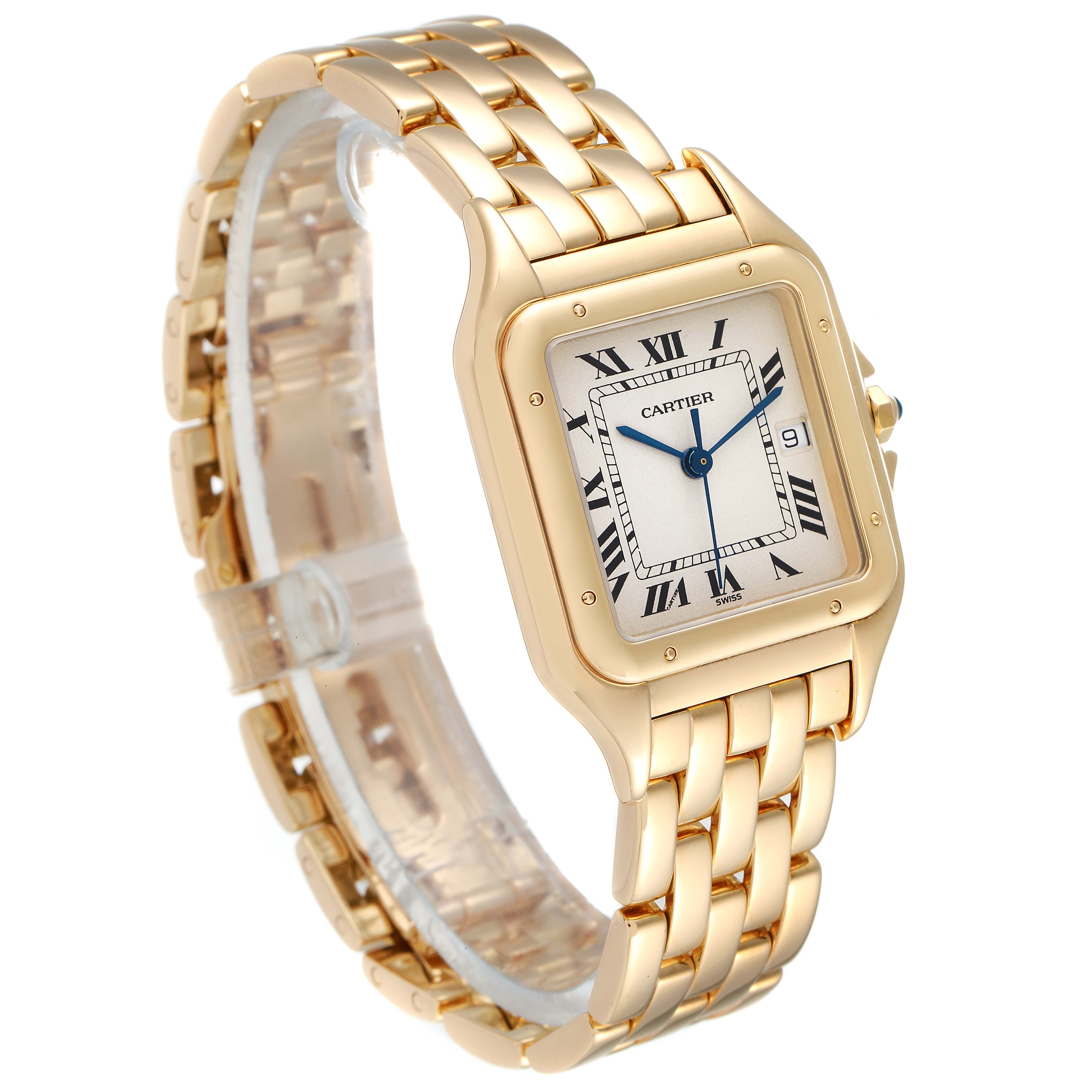 The image shows a gold Cartier Panthère watch from an angled perspective displaying the dial, case, and part of the bracelet.