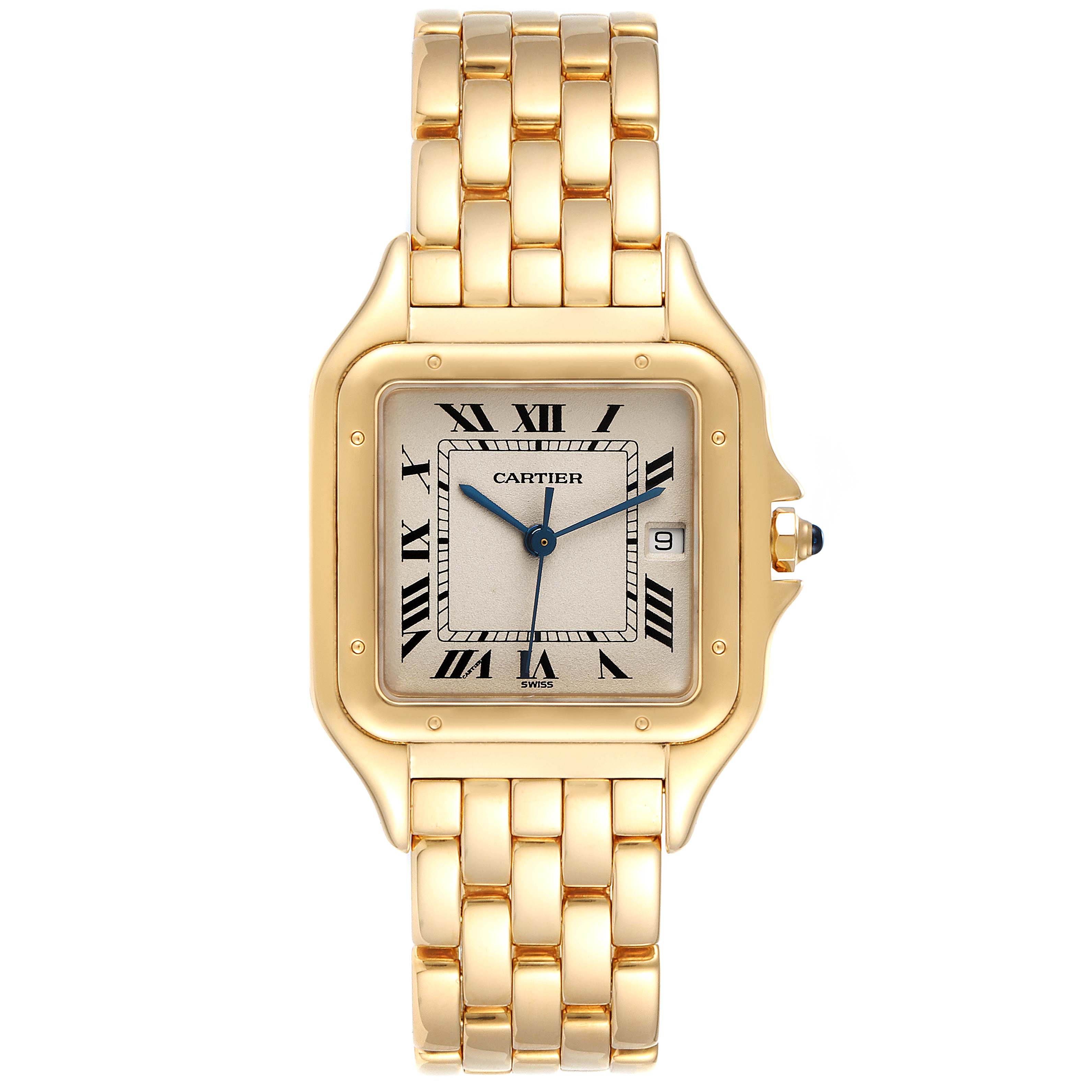 The image shows a front view of the Cartier Panthere W25014B9 Men's Yellow Gold Silver Dial W25014B9 Men's Yellow Gold Silver Dial watch, displaying its face, dial, bracelet, and crown.