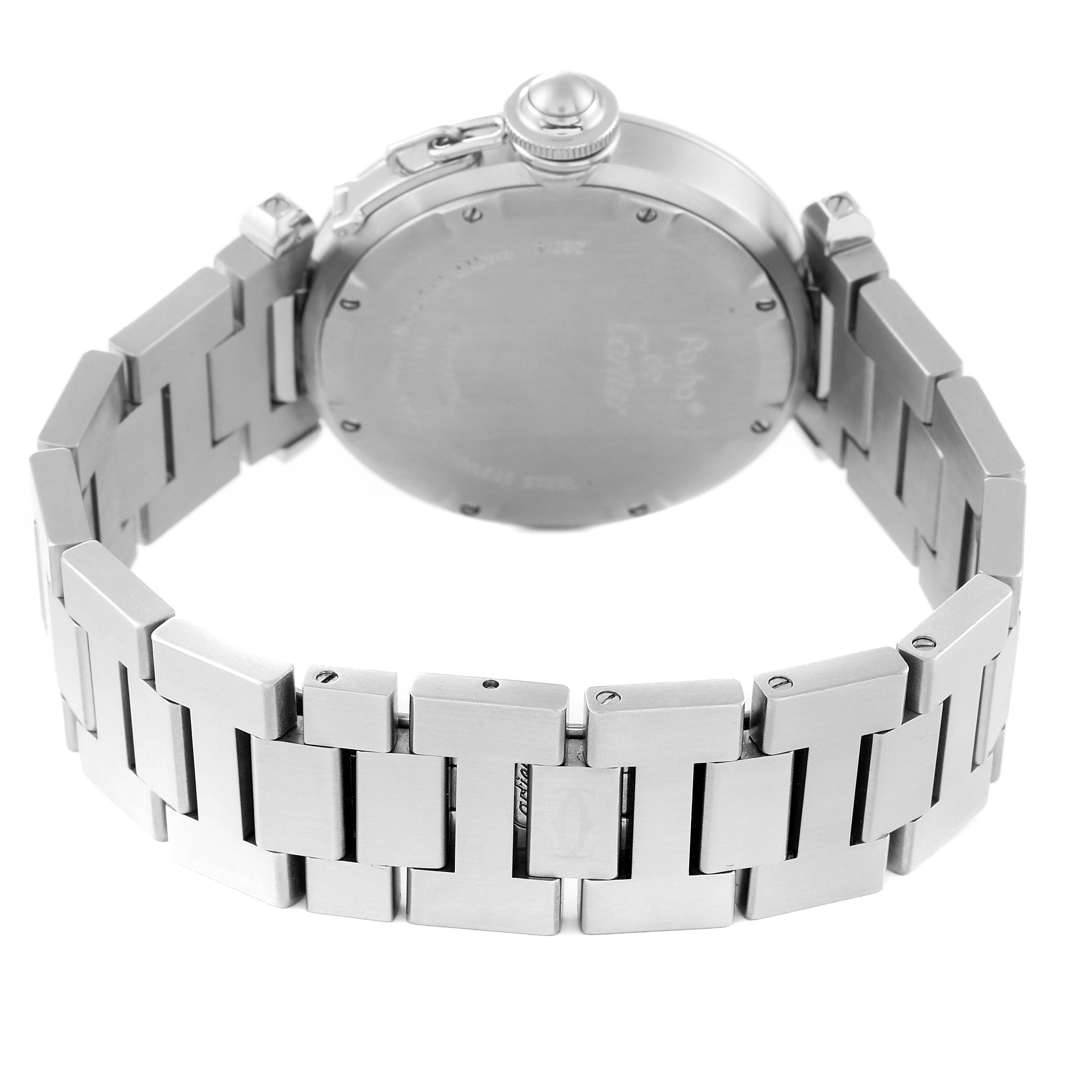 This image shows the back and bracelet of a Cartier Pasha W31074M7 Men
s Stainless Steel Silver Dial W31074M7 Men
s Stainless Steel Silver Dial watch, viewed from the rear angle.