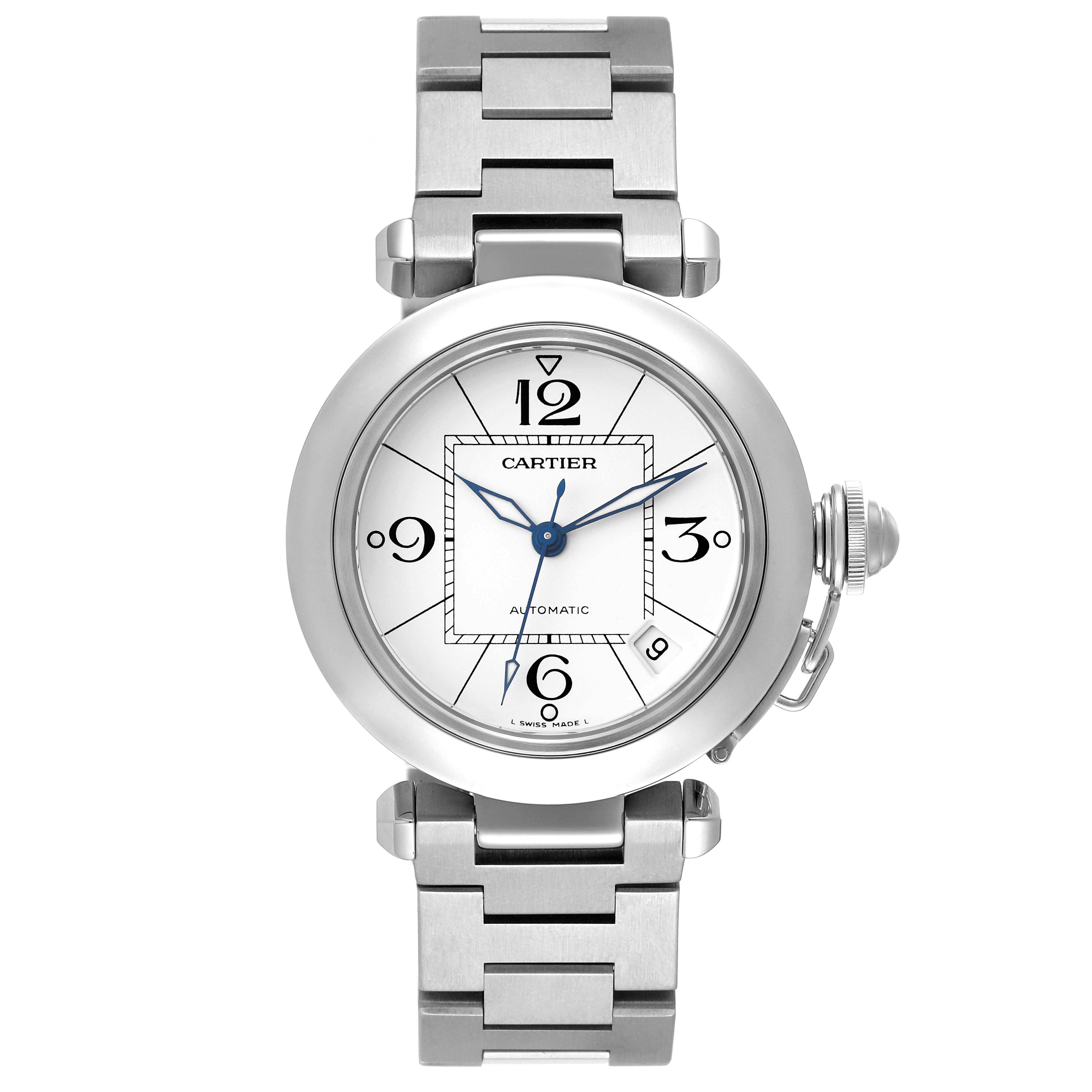 The image shows a frontal view of the Cartier Pasha W31074M7 Men
s Stainless Steel Silver Dial W31074M7 Men
s Stainless Steel Silver Dial watch, featuring its round dial, metal bracelet, and distinctive crown guard.